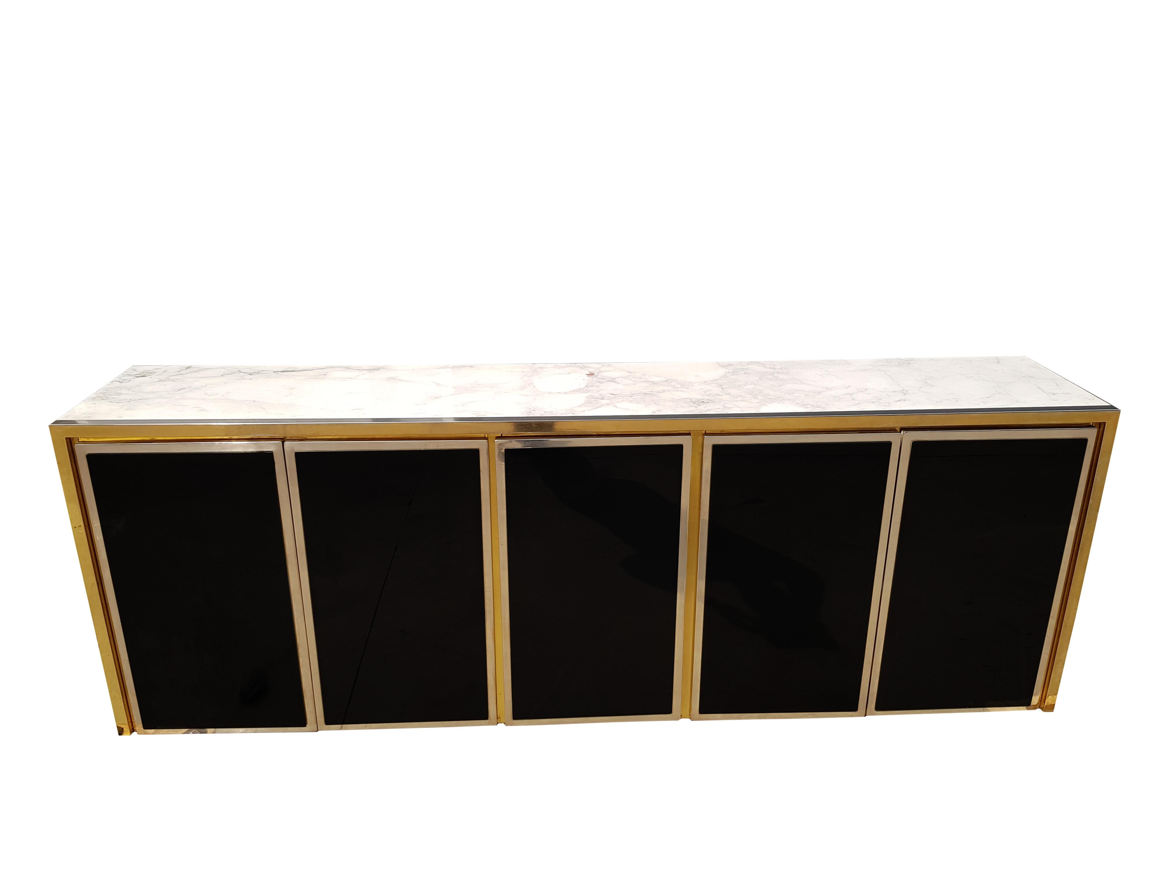 French Black Glass, Brass and Chrome Credenza Maison Jansen Style For Sale