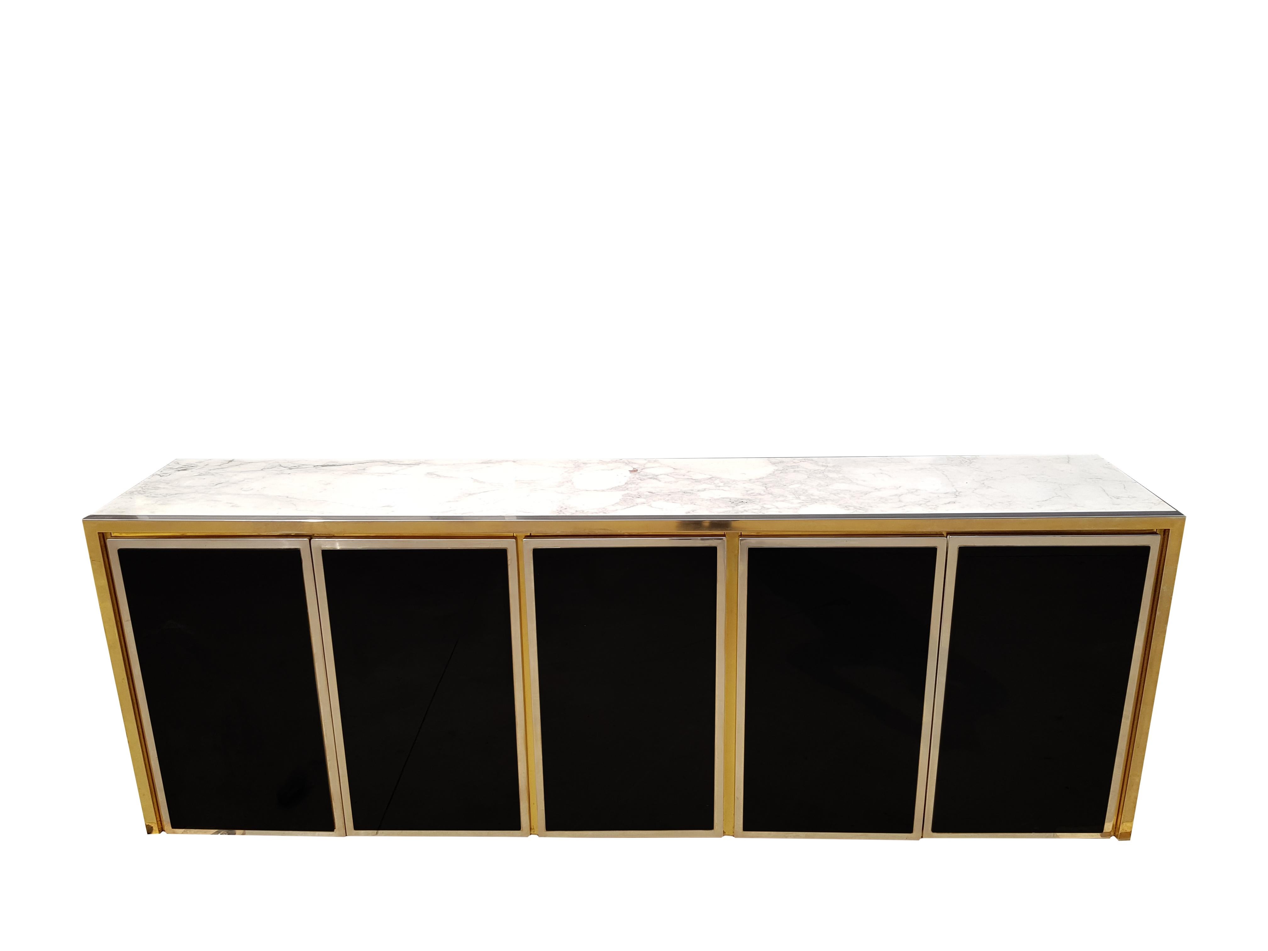 Late 20th Century Black Glass, Brass and Chrome Credenza Maison Jansen Style For Sale