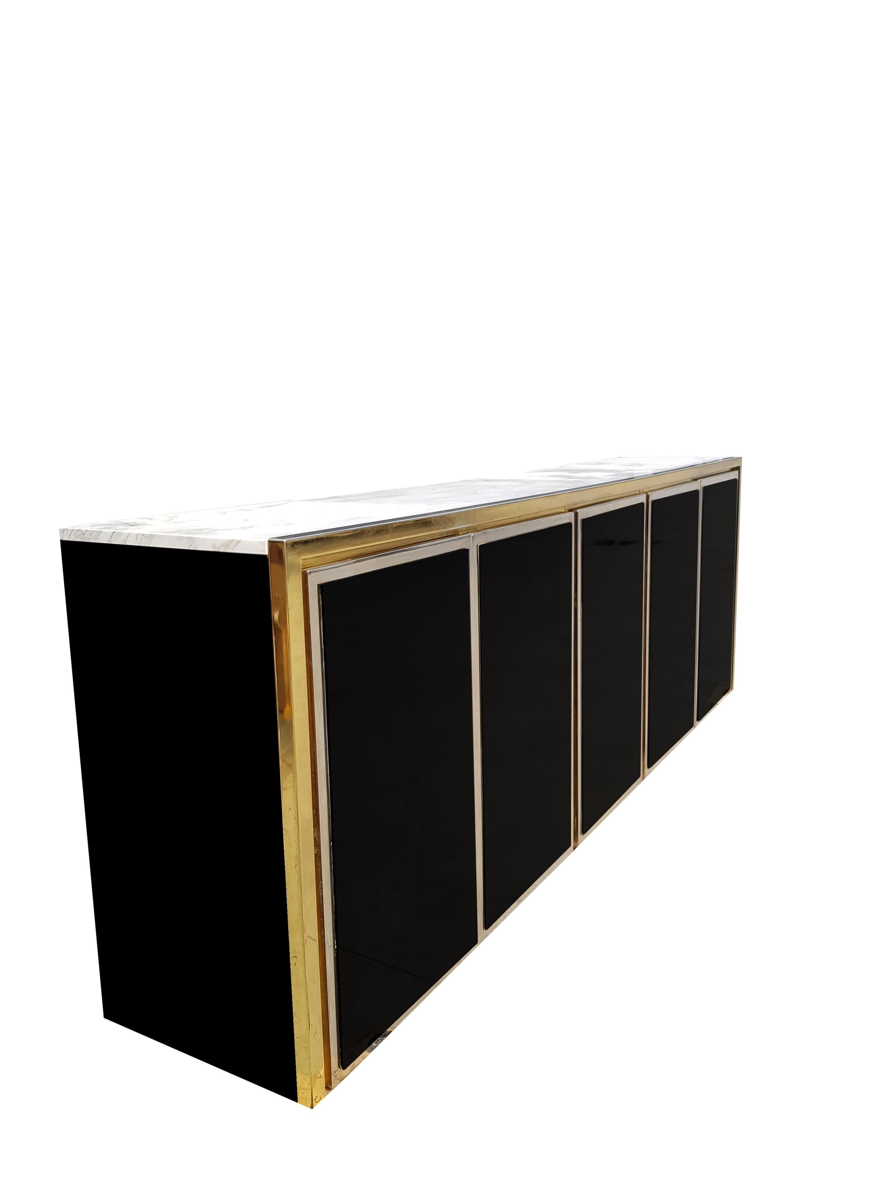 Black Glass, Brass and Chrome Credenza Maison Jansen Style For Sale 1