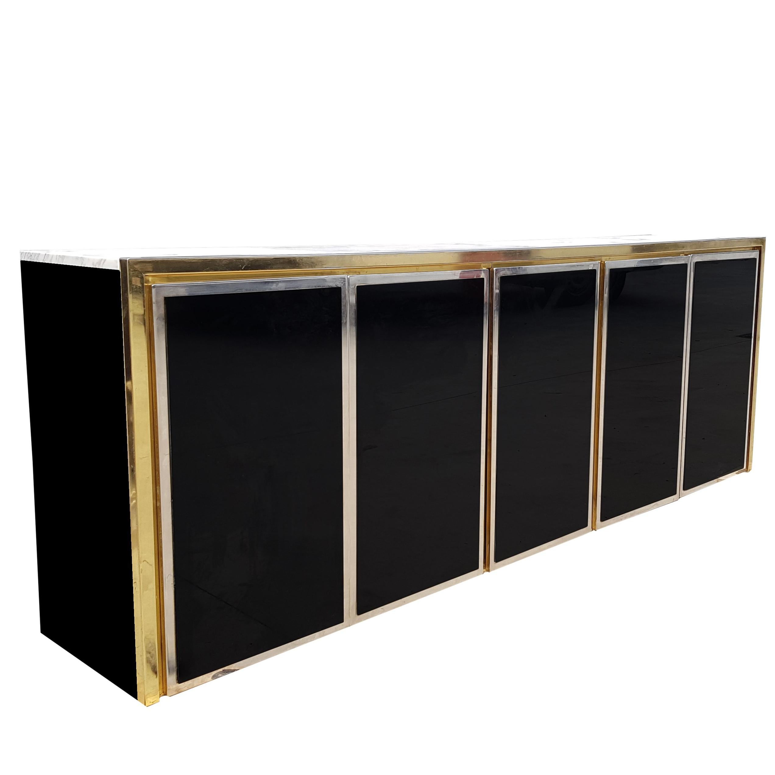 Black Glass, Brass and Chrome Credenza Maison Jansen Style For Sale