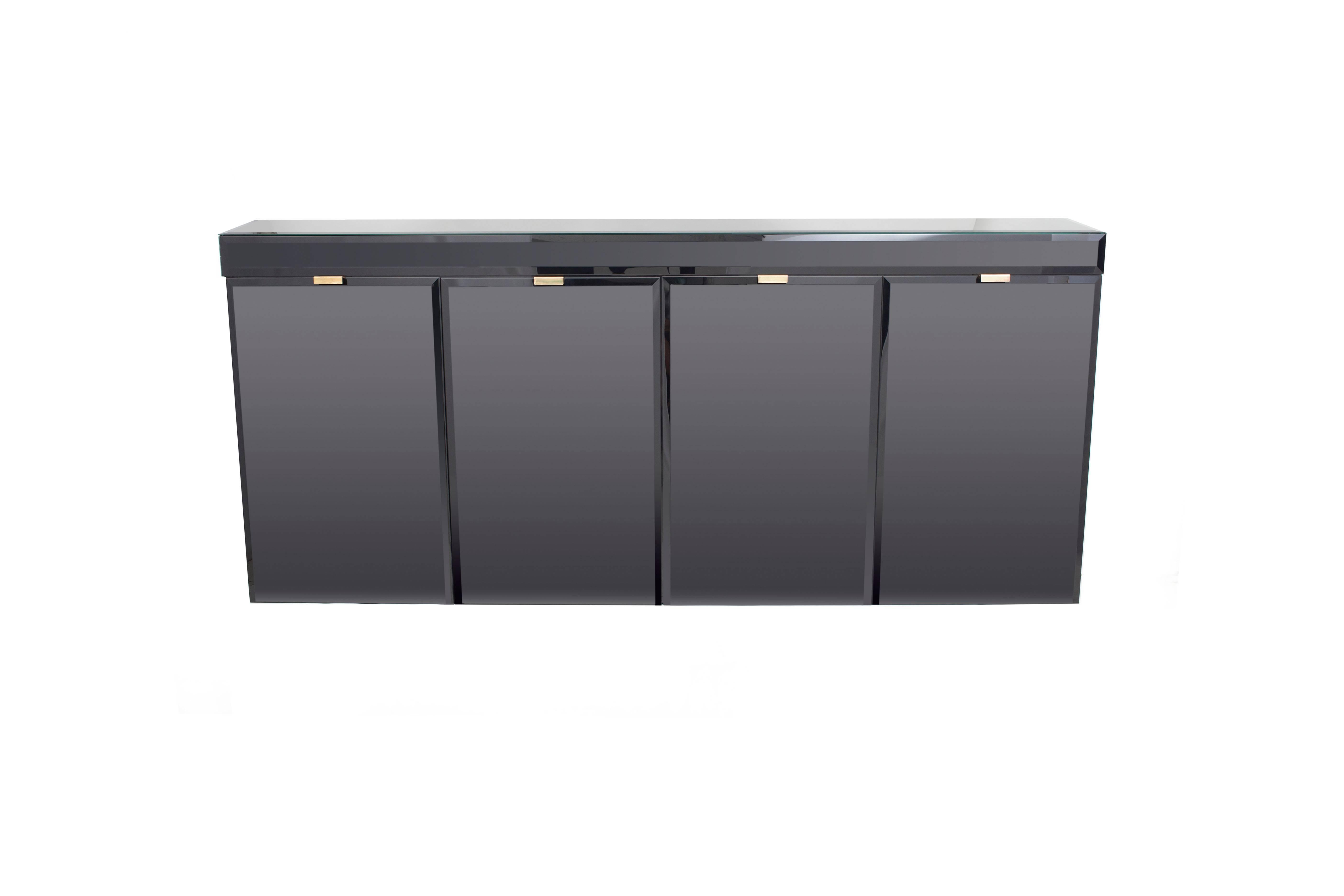 European Black Glass and Brass Credenza