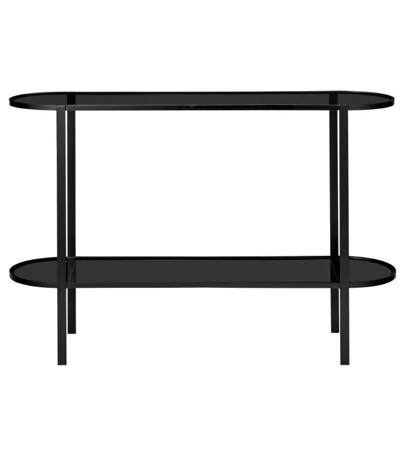Black glass contemporary console table
Dimensions: D 109 x W 29.4 x H 71 cm 
Materials: Powder-coated iron, tempered glass.


Fumi are an elegant range of coffee tables and a console table that looks very light with its black iron frames and