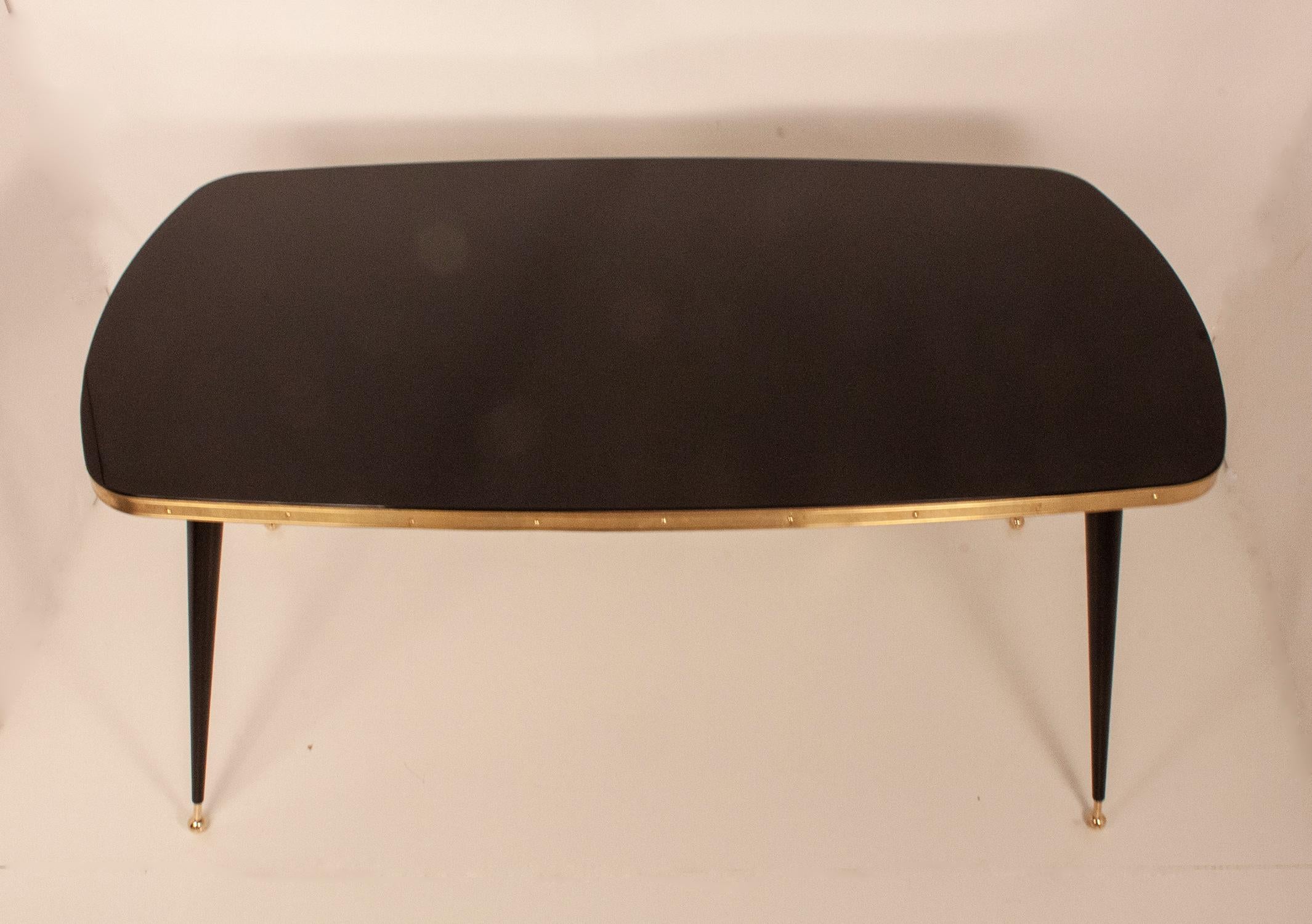 Mid-Century Modern Black Glass Dinning Table, Brass, Black Iron Legs, Spain For Sale