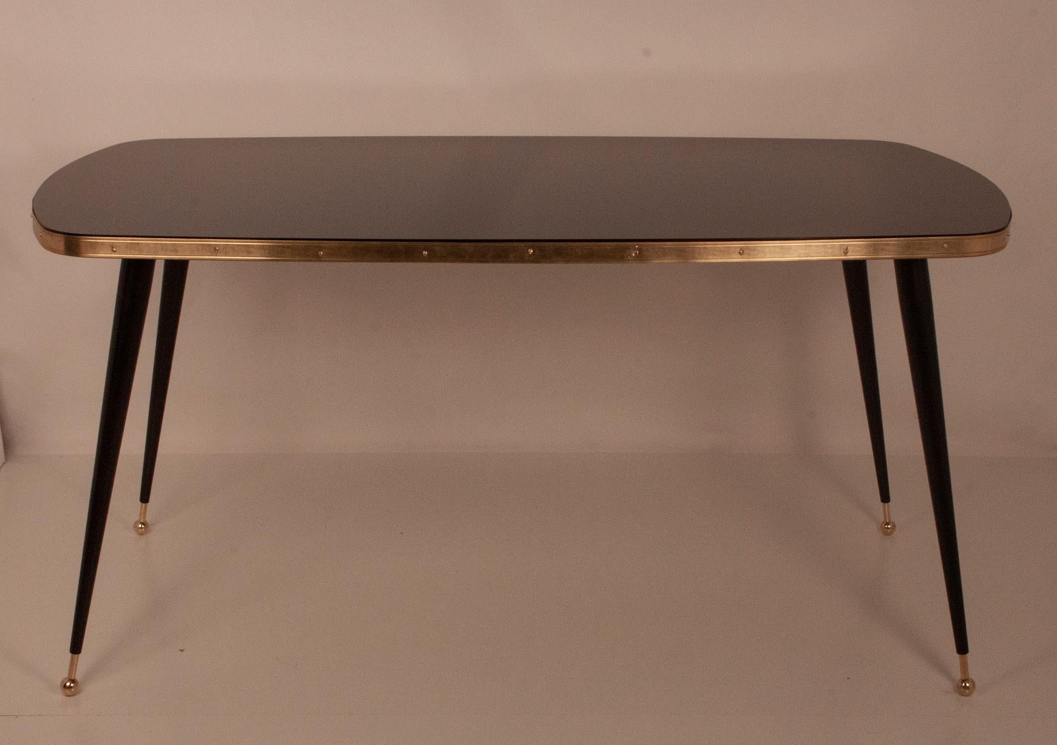 Contemporary Black Glass Dinning Table, Brass, Black Iron Legs, Spain For Sale