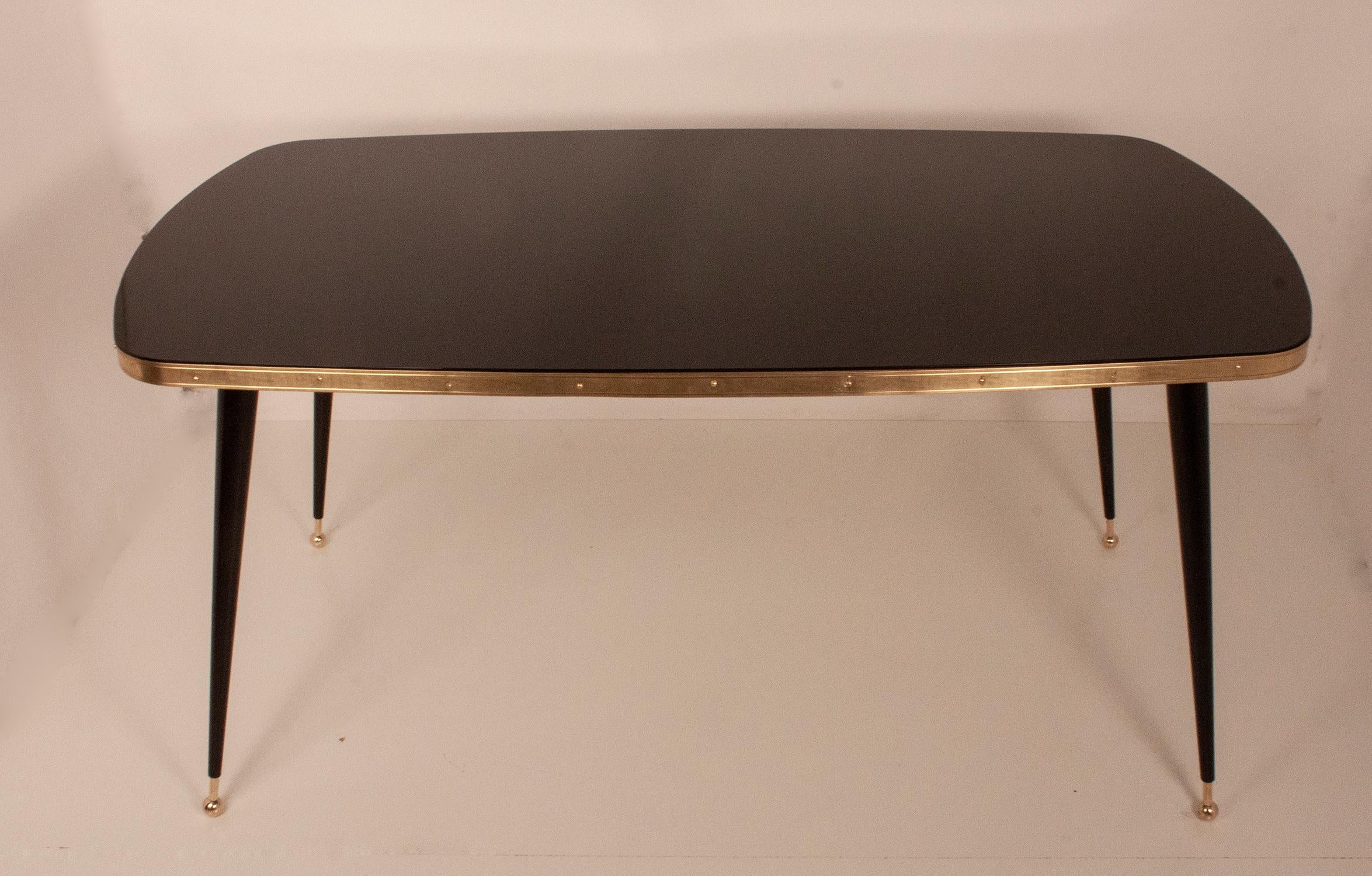 Black Glass Dinning Table, Brass, Black Iron Legs, Spain For Sale 2