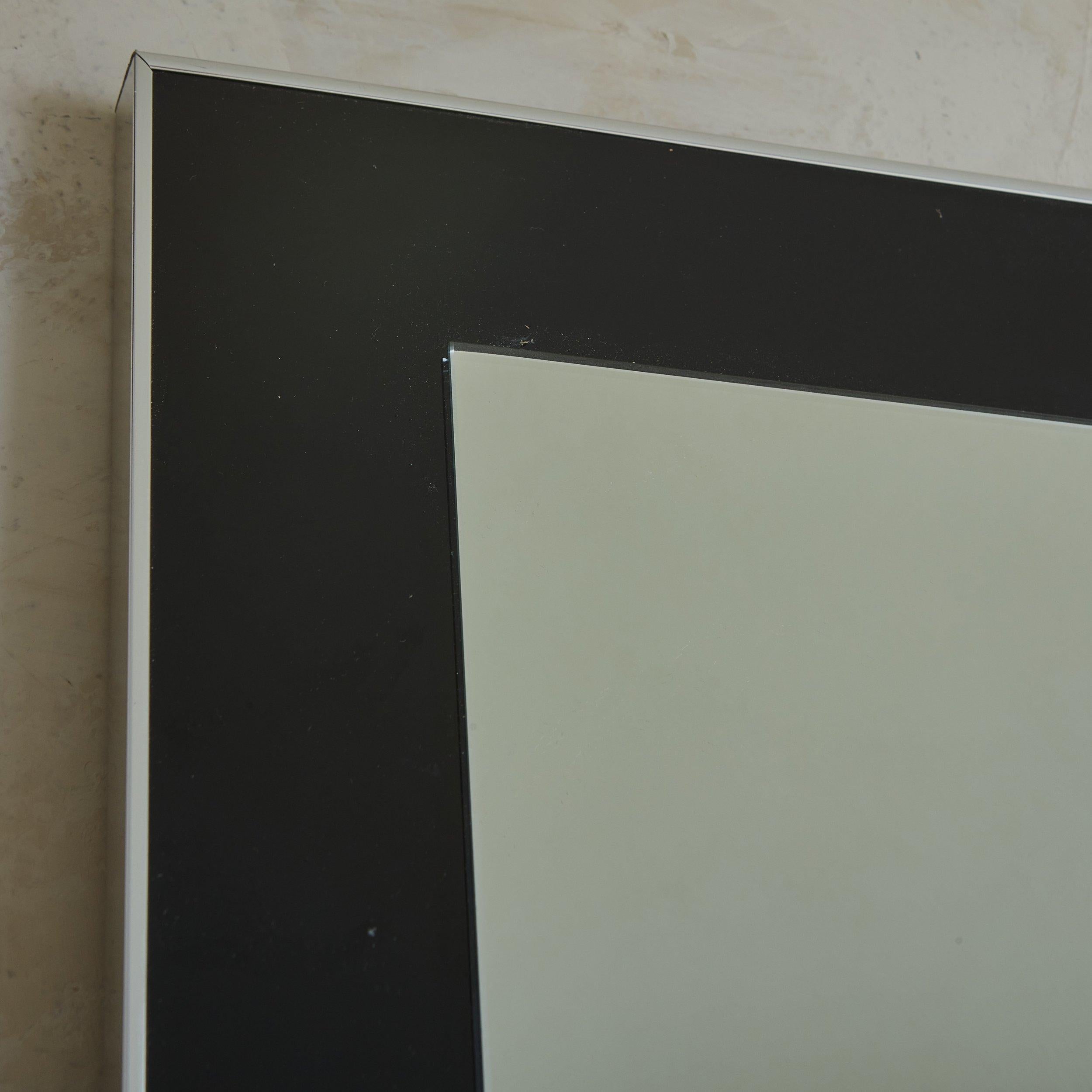 Metal Black Glass Frame Wall Mount Entryway Mirror with Shelf, France 1980s For Sale