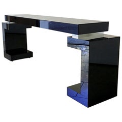Black Glass Greek Key Shaped Console Table, 1980s