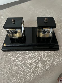 Black Glass Ink Well with Brass Accents, Crystal Wells and Dipping Pen
