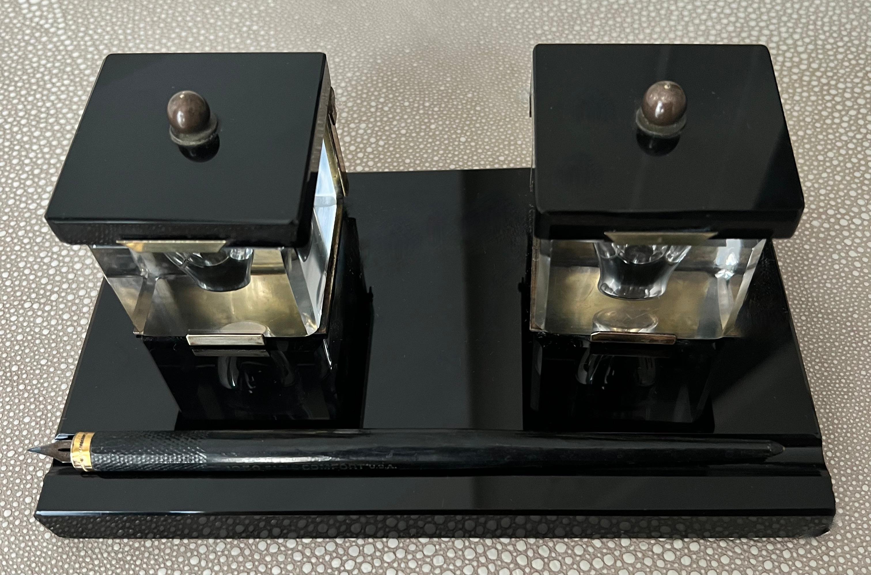 Art Deco Black Glass Ink Well with Brass Accents, Crystal Wells and Dipping Pen For Sale