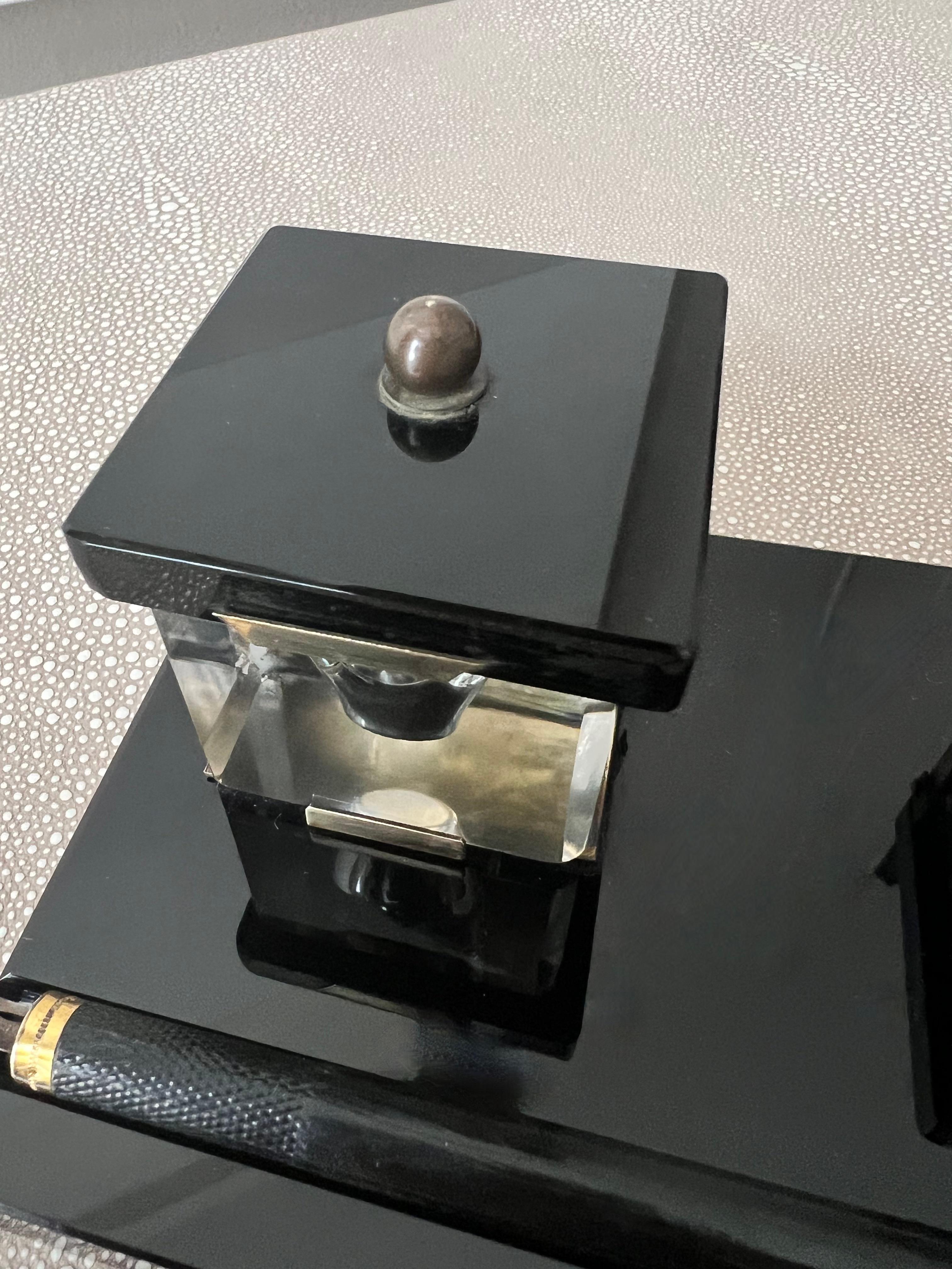 European Black Glass Ink Well with Brass Accents, Crystal Wells and Dipping Pen For Sale