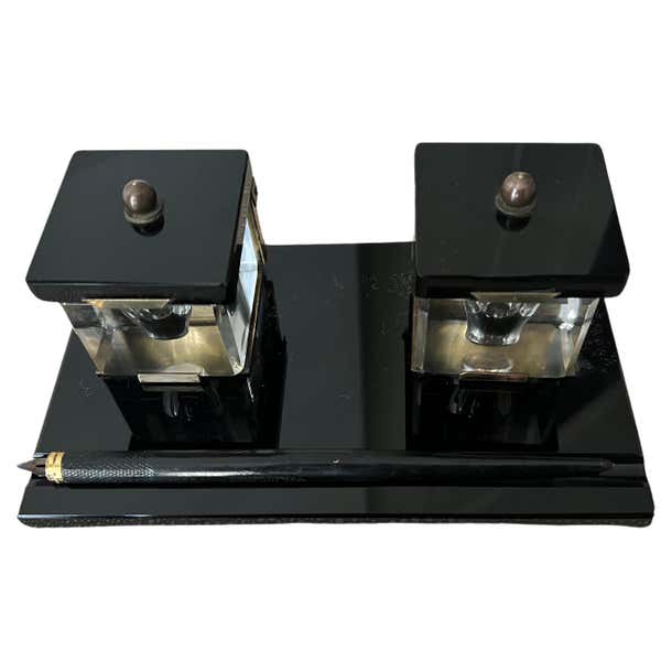 Shopee Ink Well Black Glass Ink Well with Brass Accents, Crystal Wells and Dipping Pen ...