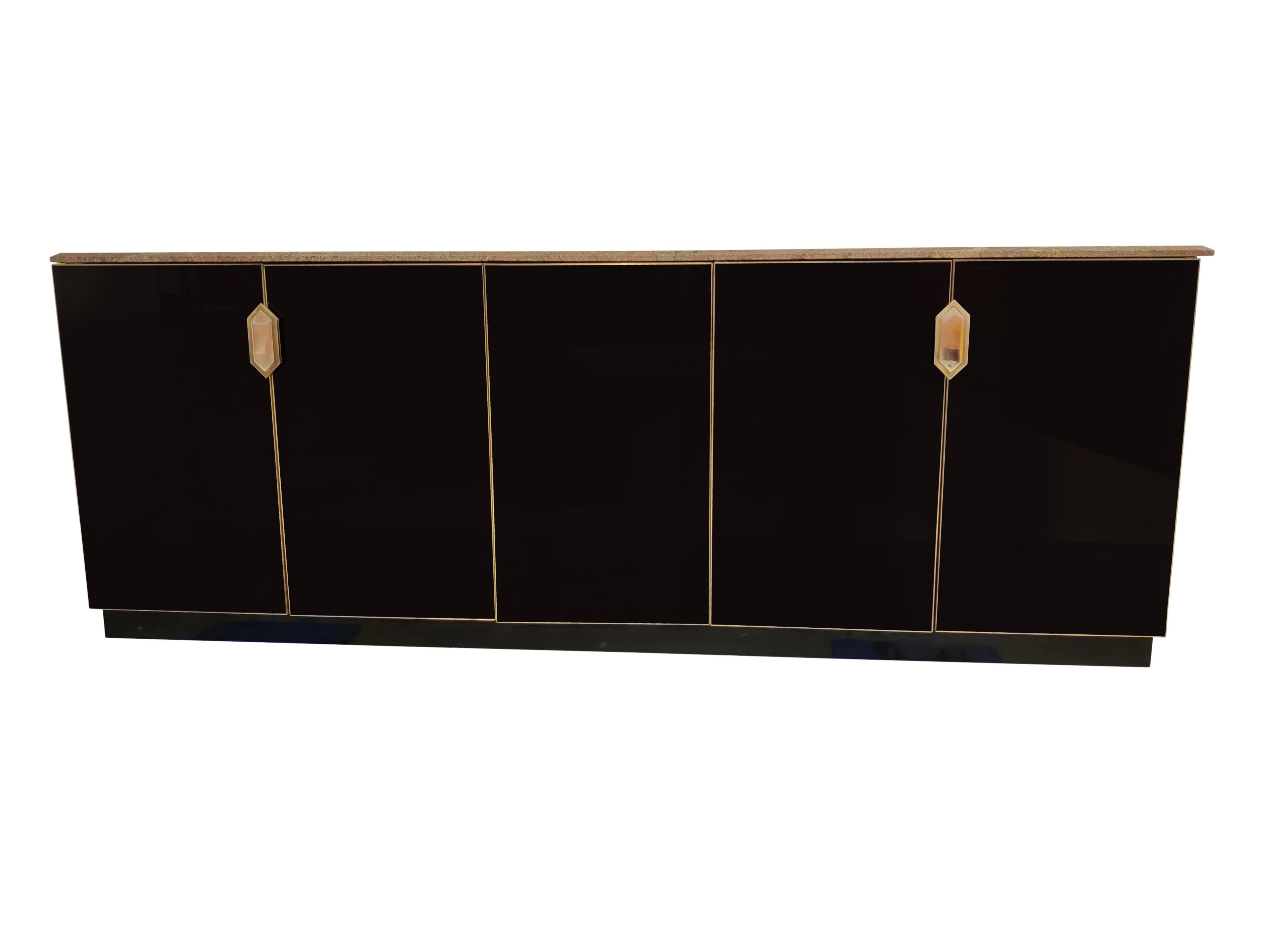 Black Glass Maison Jansen Style Credenza, 1970s In Good Condition In HEVERLEE, BE