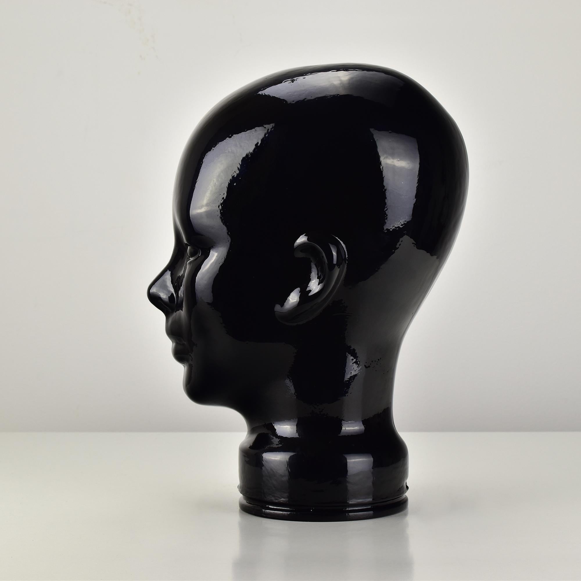Mid-Century Modern Black Glass Mannequin Head Sculpture, 1970s German Decorative Design For Sale