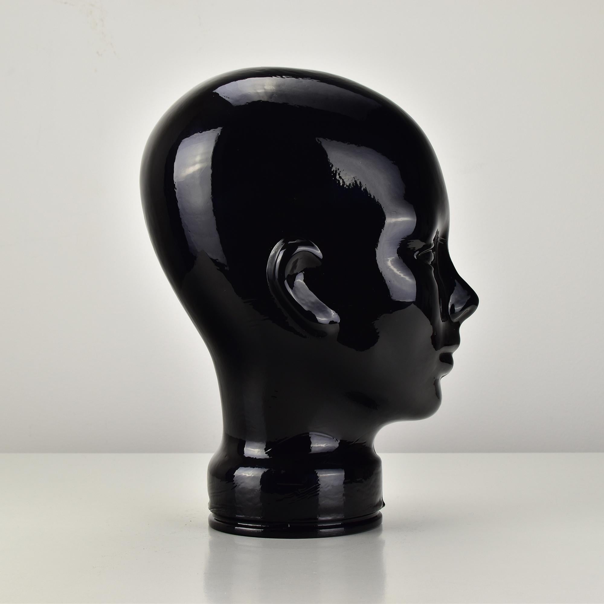 Late 20th Century Black Glass Mannequin Head Sculpture, 1970s German Decorative Design For Sale