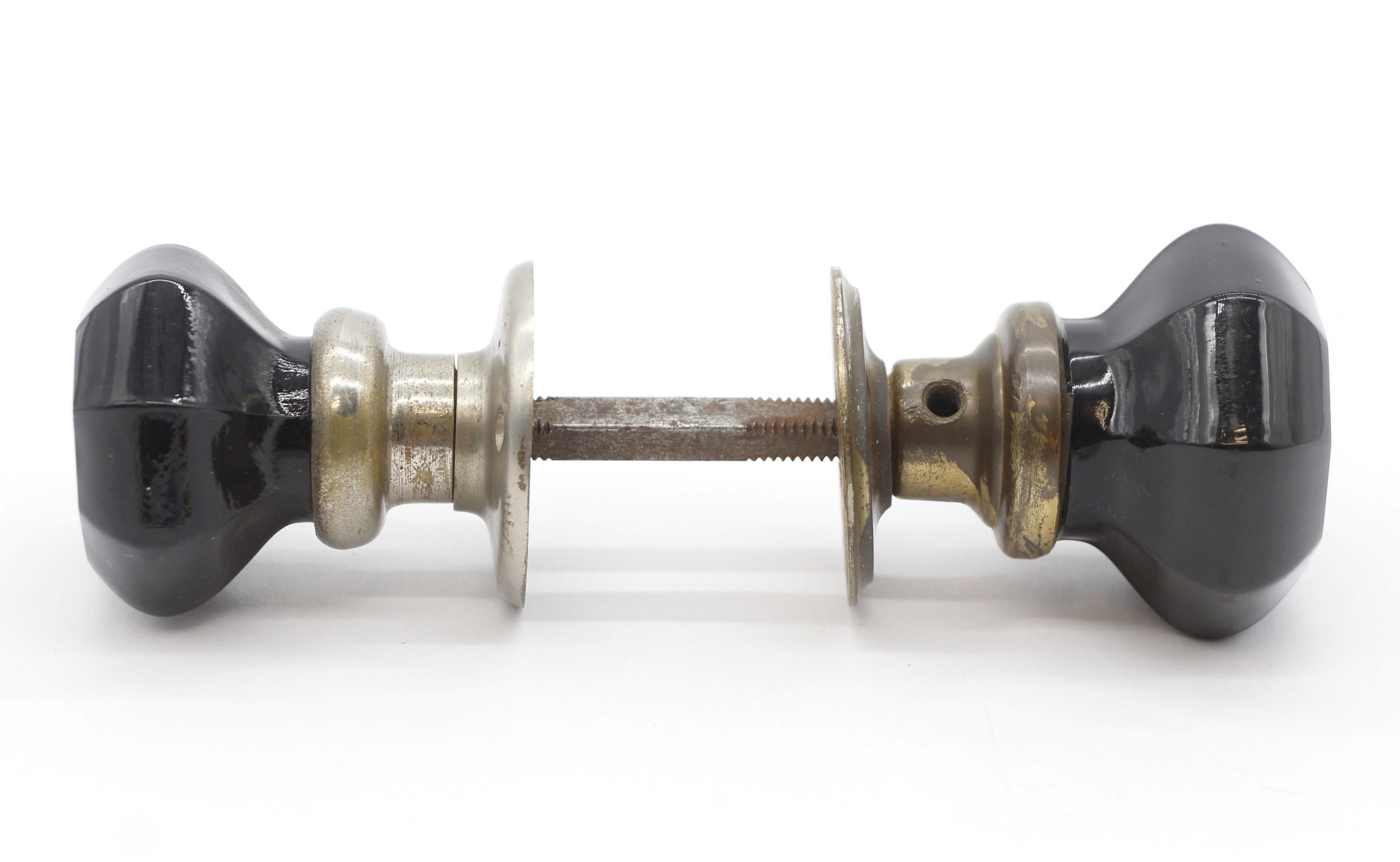 American Black Glass Octagon Doorknob Set w Brass Hardware, 20th Century For Sale