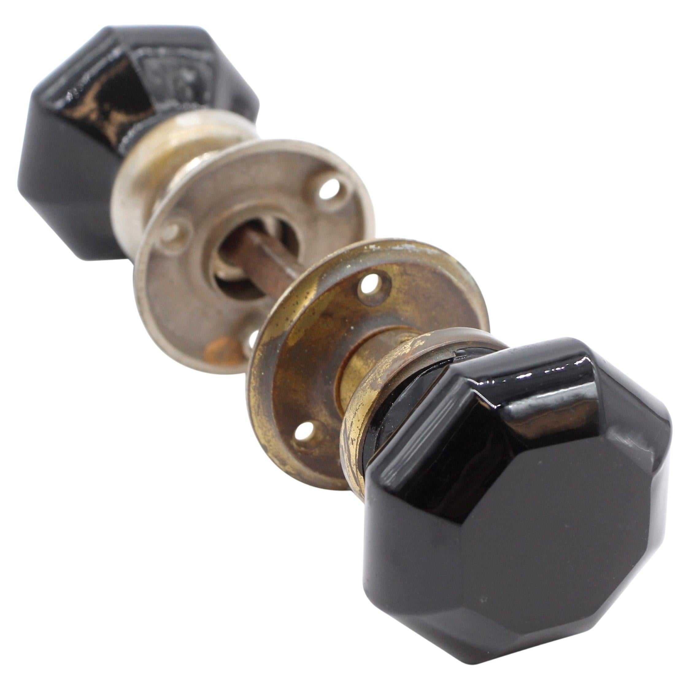 Black Glass Octagon Doorknob Set w Brass Hardware, 20th Century For Sale