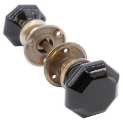 Used Black Glass Octagon Doorknob Set w Brass Hardware, 20th Century