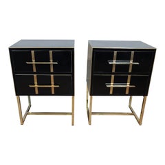 Black Glass Side Tables 2 Drawers Designer JustFurnituress, Made in Italy