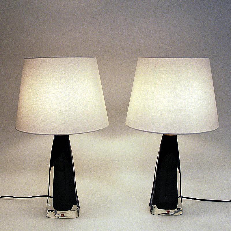 Brass Black Glass Table Lamp Pair RD1323 by Carl Fagerlund for Orrefors, Sweden, 1960s