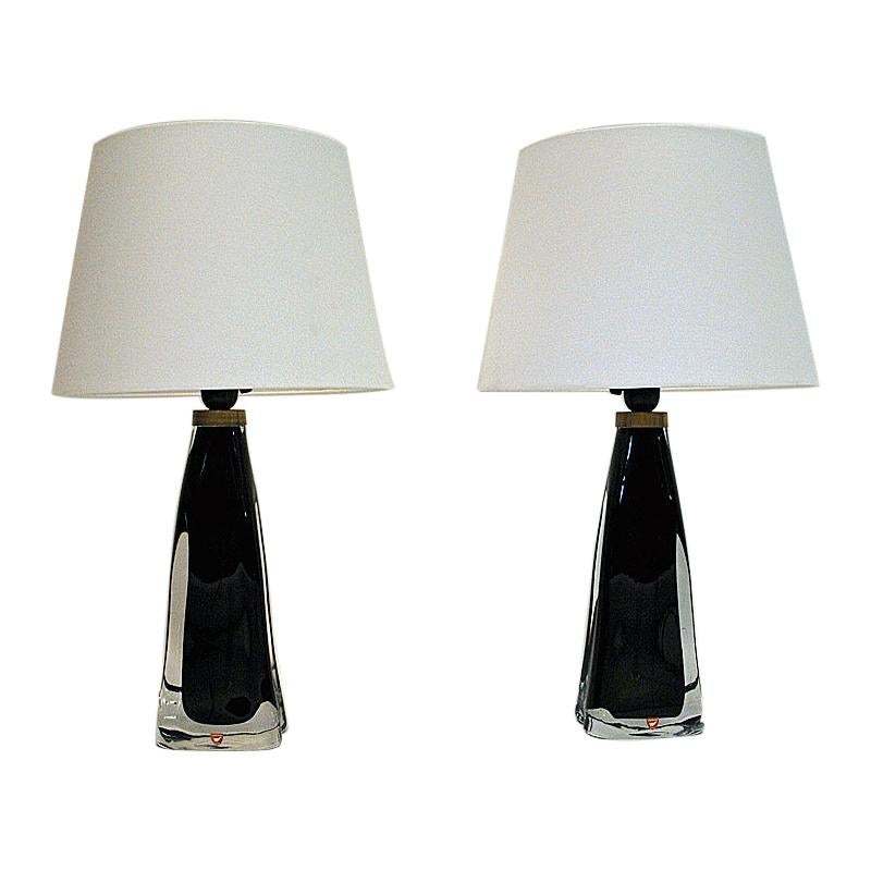 Black Glass Table Lamp Pair RD1323 by Carl Fagerlund for Orrefors, Sweden, 1960s