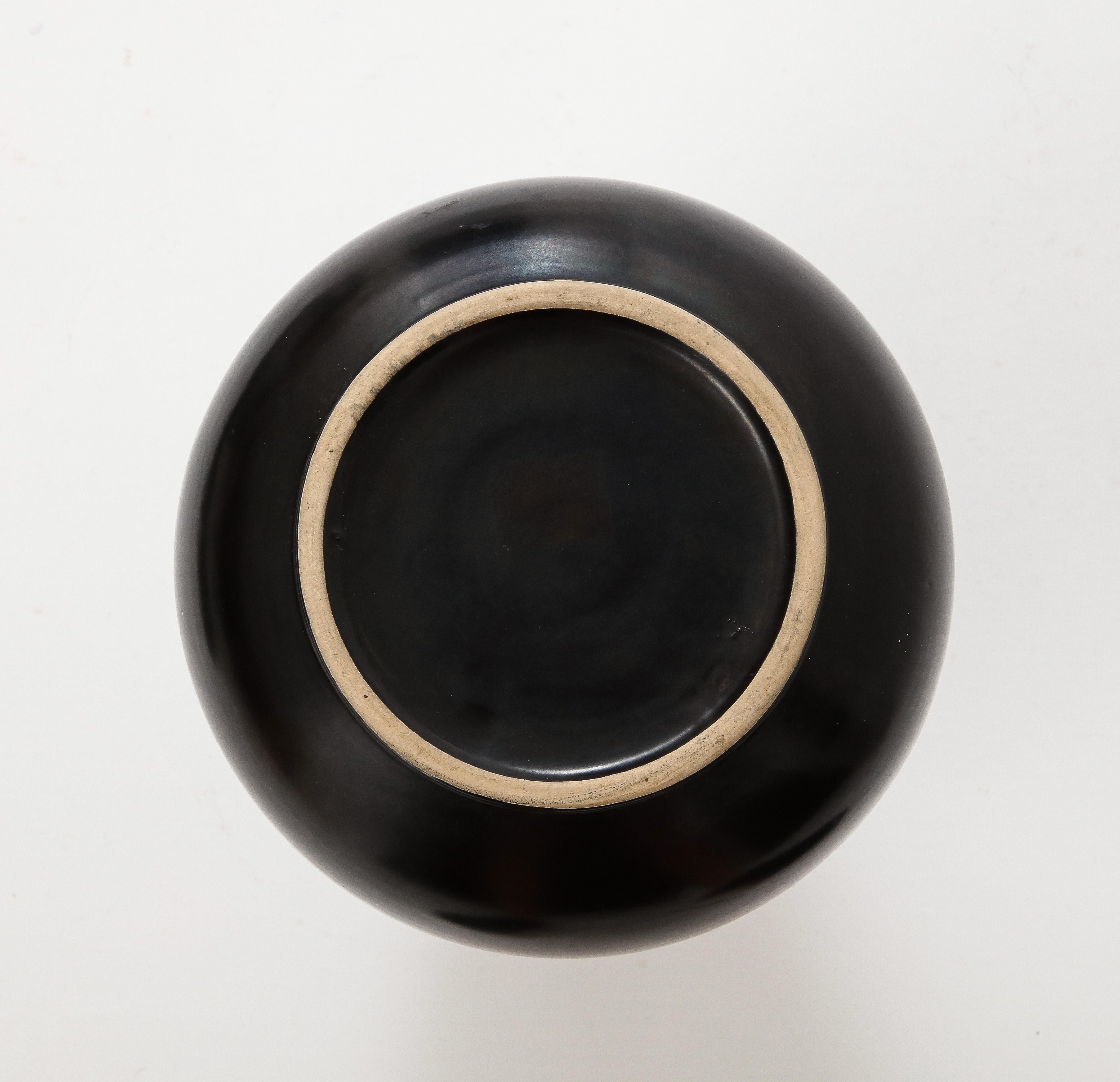 Black Glaze Ceramic Vase, Lipped High Neck, Squashed Tear Form, France, c 1960 For Sale 5