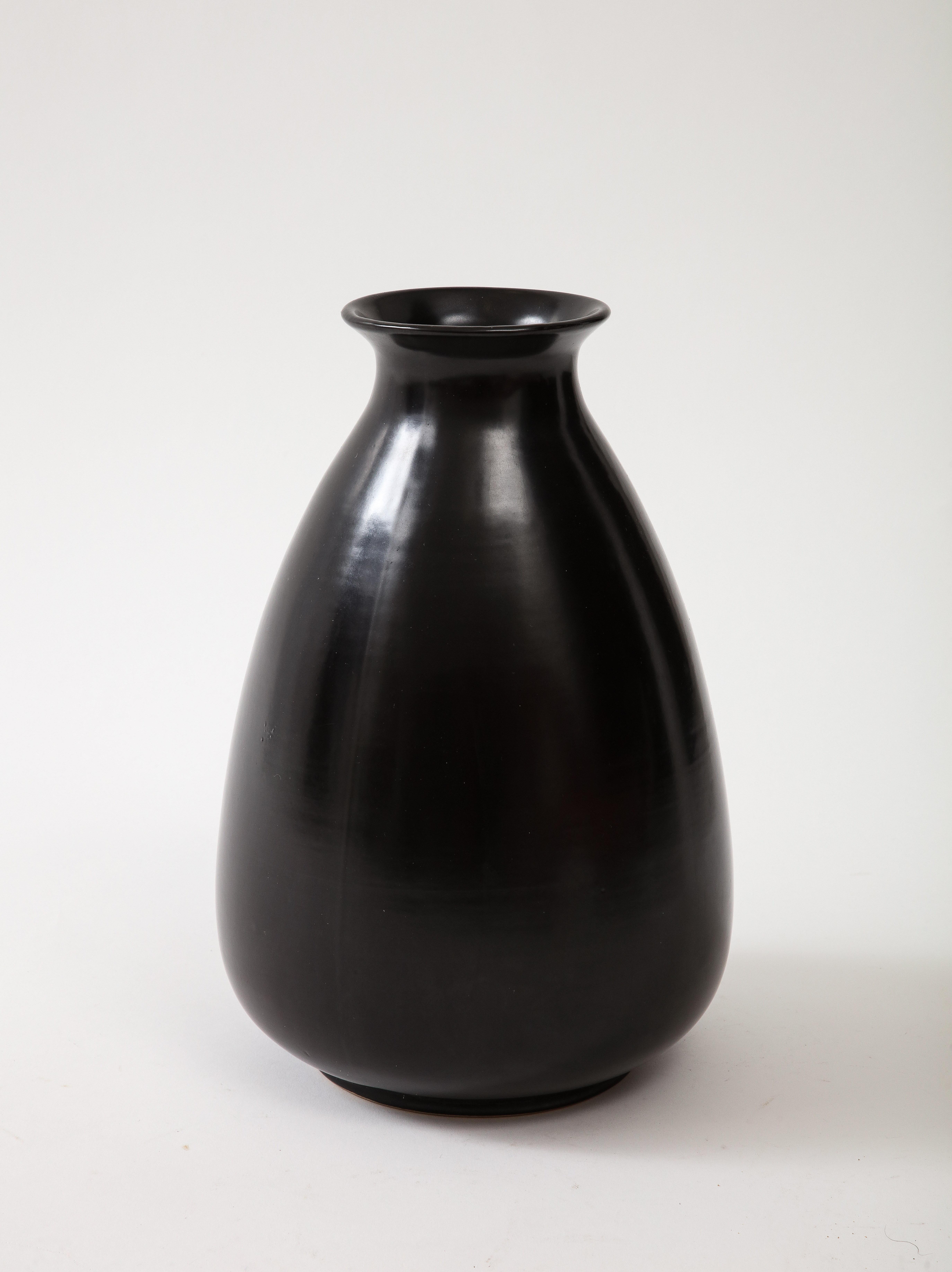 Mid-Century Modern Black Glaze Ceramic Vase, Lipped High Neck, Squashed Tear Form, France, c 1960 For Sale