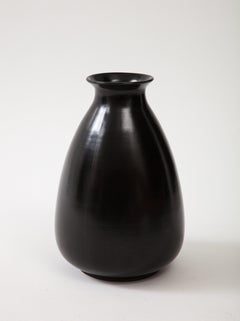Black Glaze Ceramic Vase, Lipped High Neck, Squashed Tear Form, France, c 1960