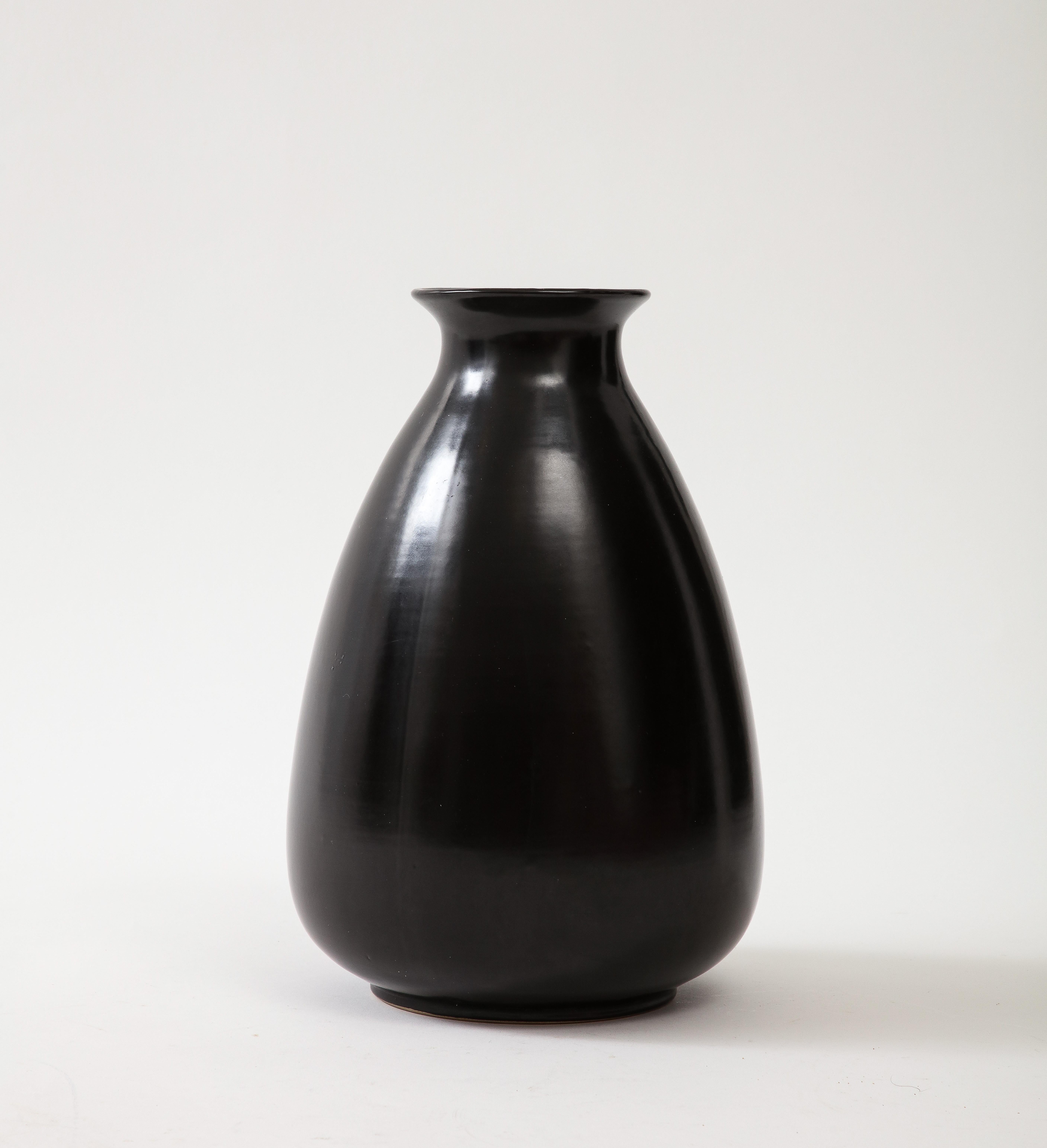 French Black Glaze Ceramic Vase, Lipped High Neck, Squashed Tear Form, France, c 1960 For Sale