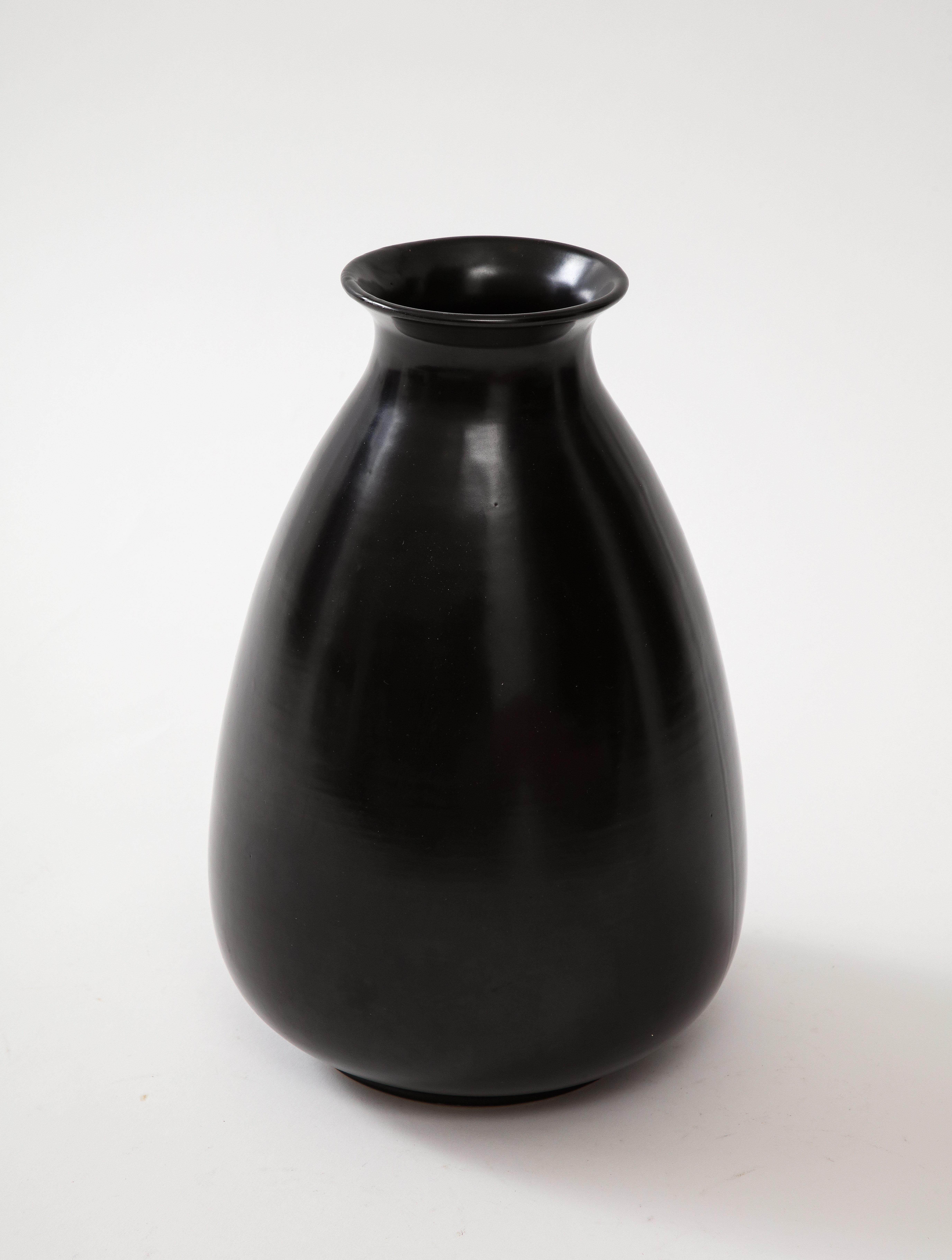 Black Glaze Ceramic Vase, Lipped High Neck, Squashed Tear Form, France, c 1960 In Good Condition For Sale In Brooklyn, NY