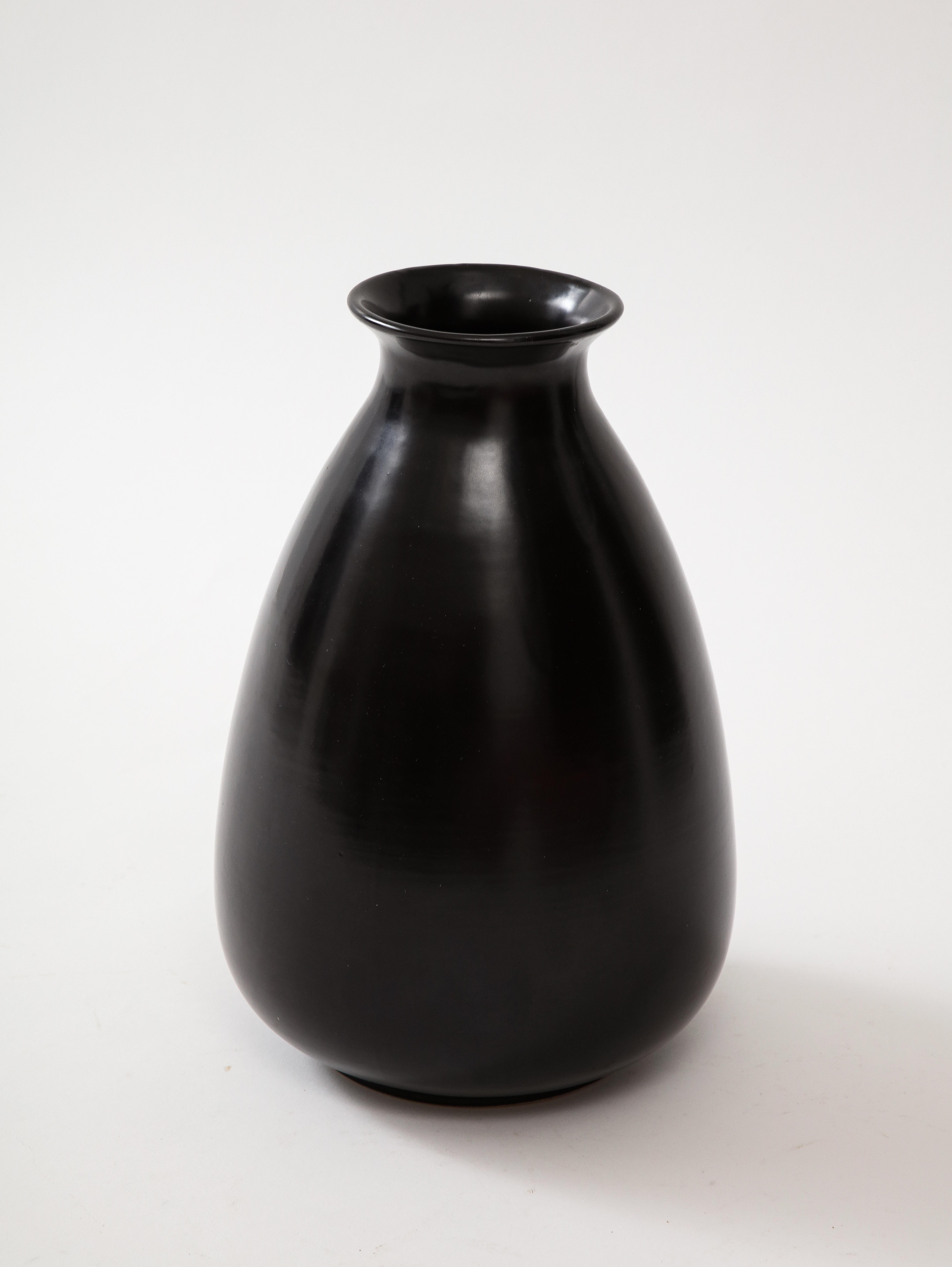 Mid-20th Century Black Glaze Ceramic Vase, Lipped High Neck, Squashed Tear Form, France, c 1960 For Sale