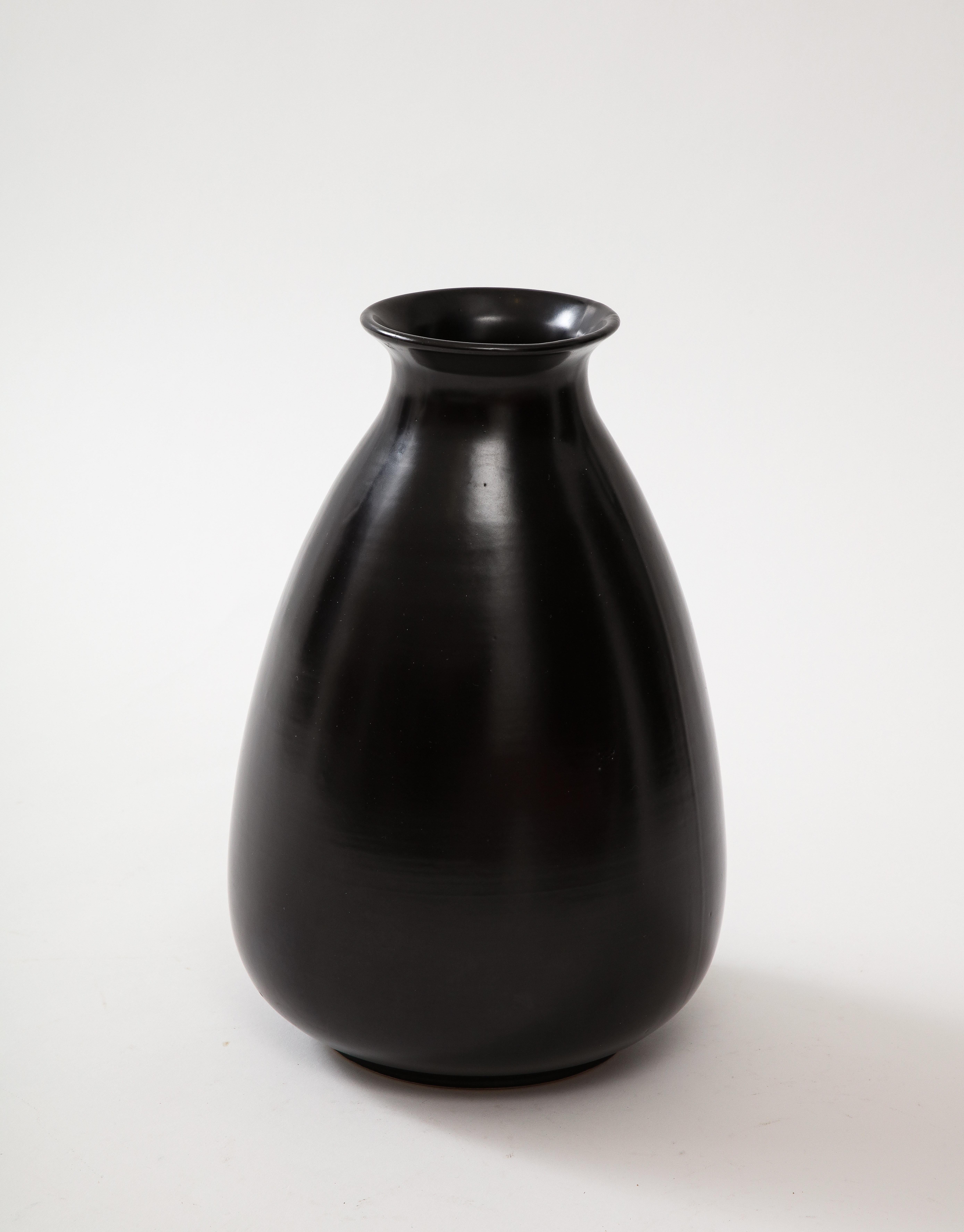Black Glaze Ceramic Vase, Lipped High Neck, Squashed Tear Form, France, c 1960 For Sale 1