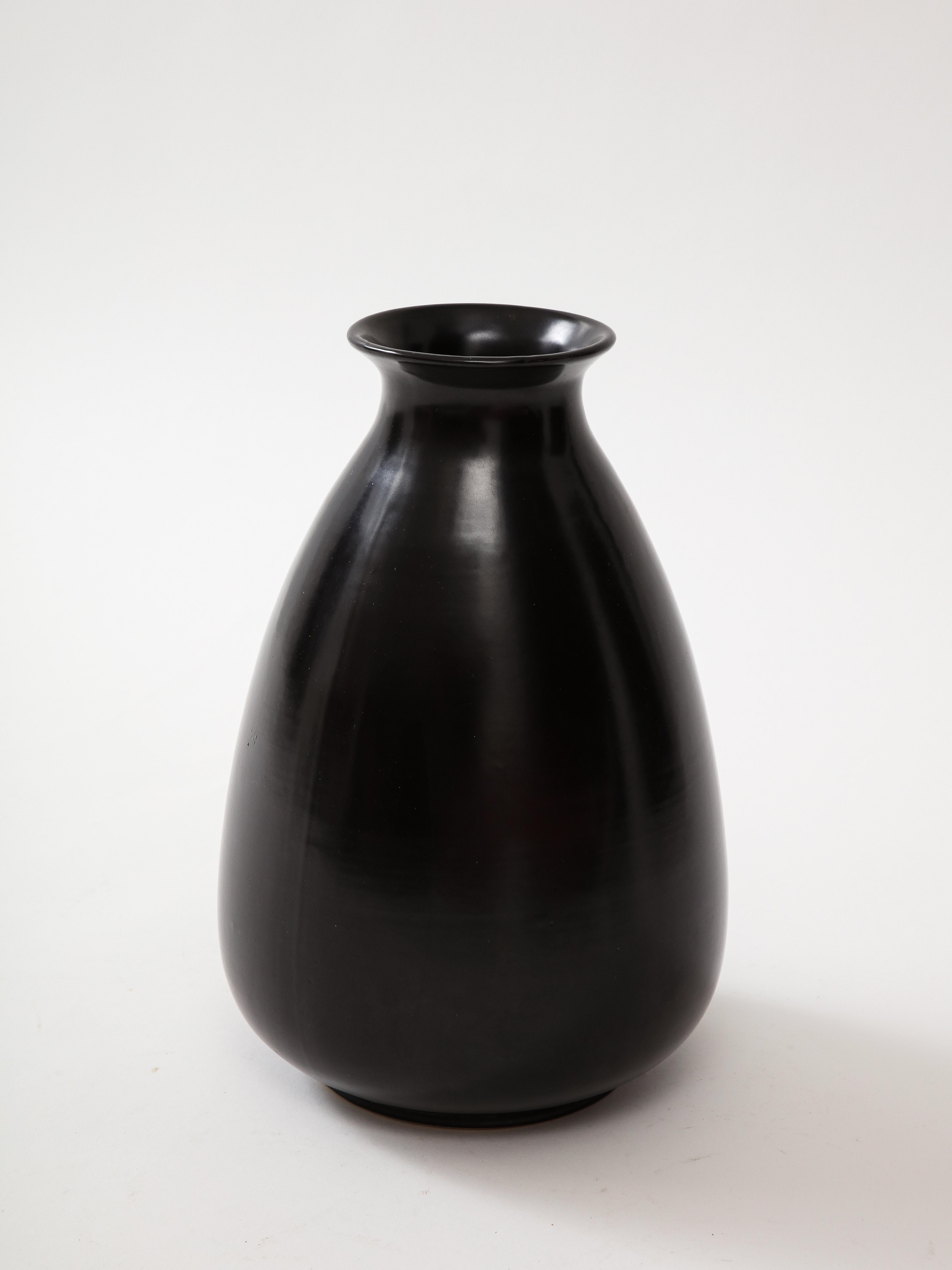 Black Glaze Ceramic Vase, Lipped High Neck, Squashed Tear Form, France, c 1960 For Sale 2
