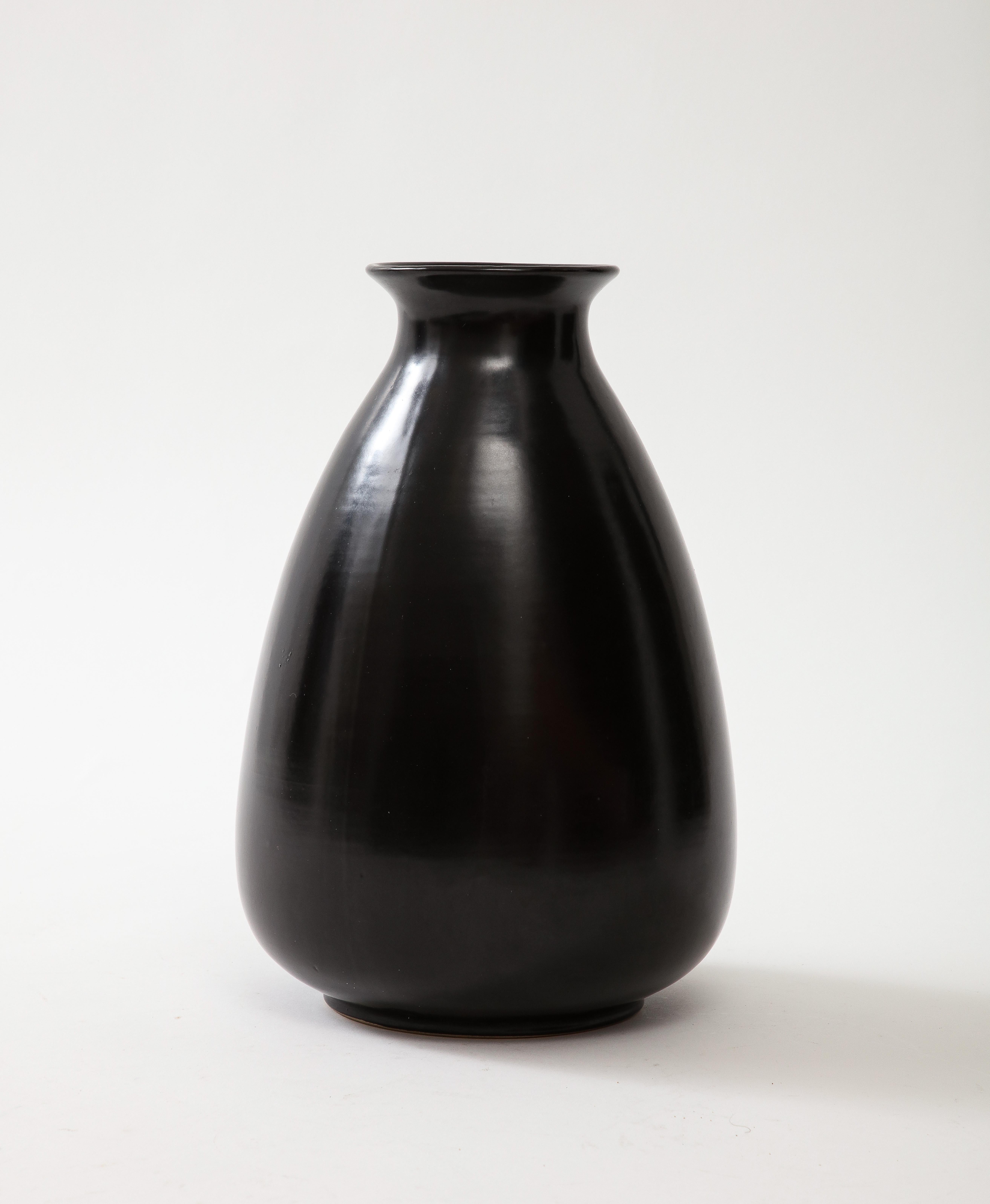 Black Glaze Ceramic Vase, Lipped High Neck, Squashed Tear Form, France, c 1960 For Sale 3