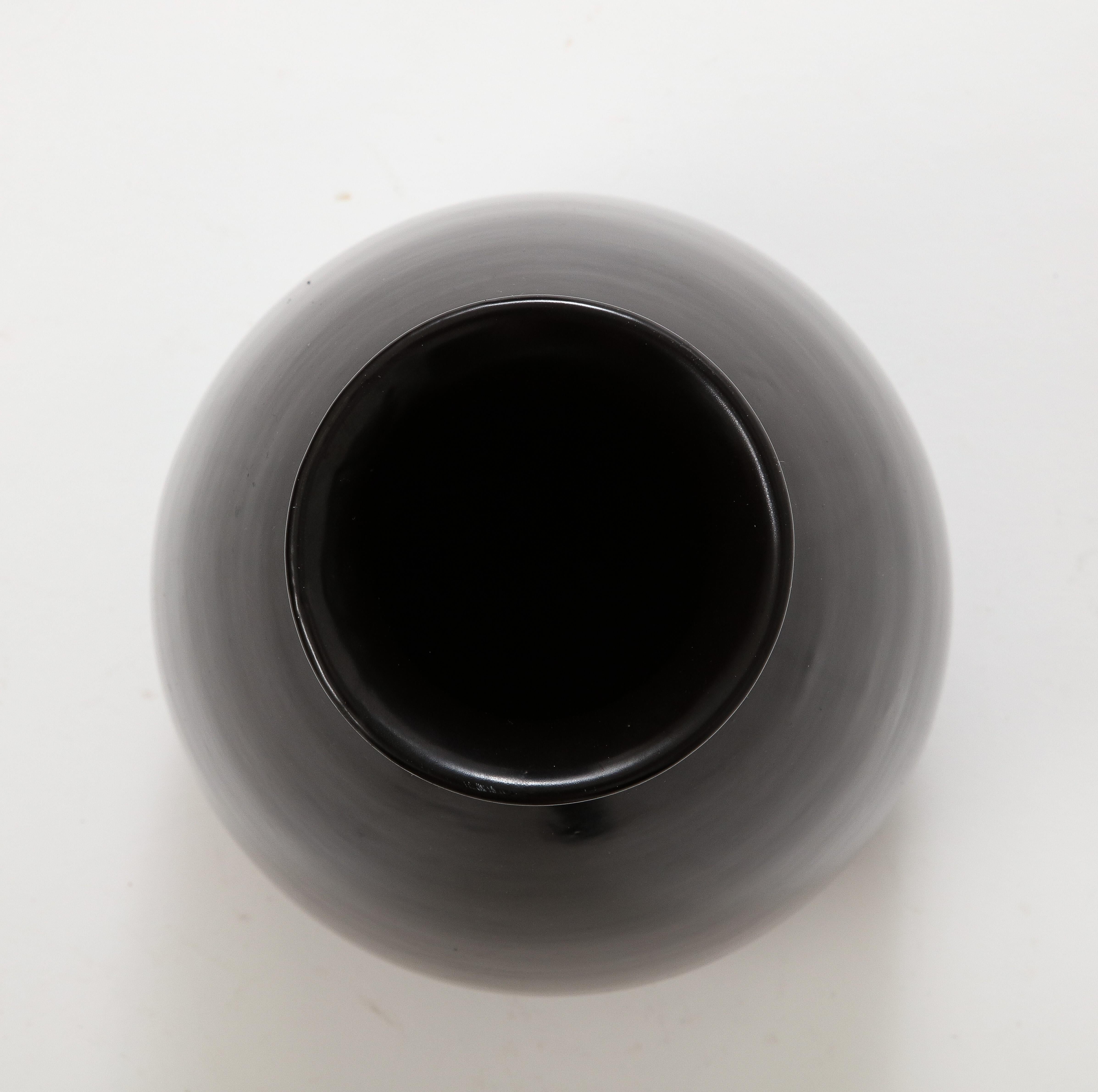 Black Glaze Ceramic Vase, Lipped High Neck, Squashed Tear Form, France, c 1960 For Sale 4