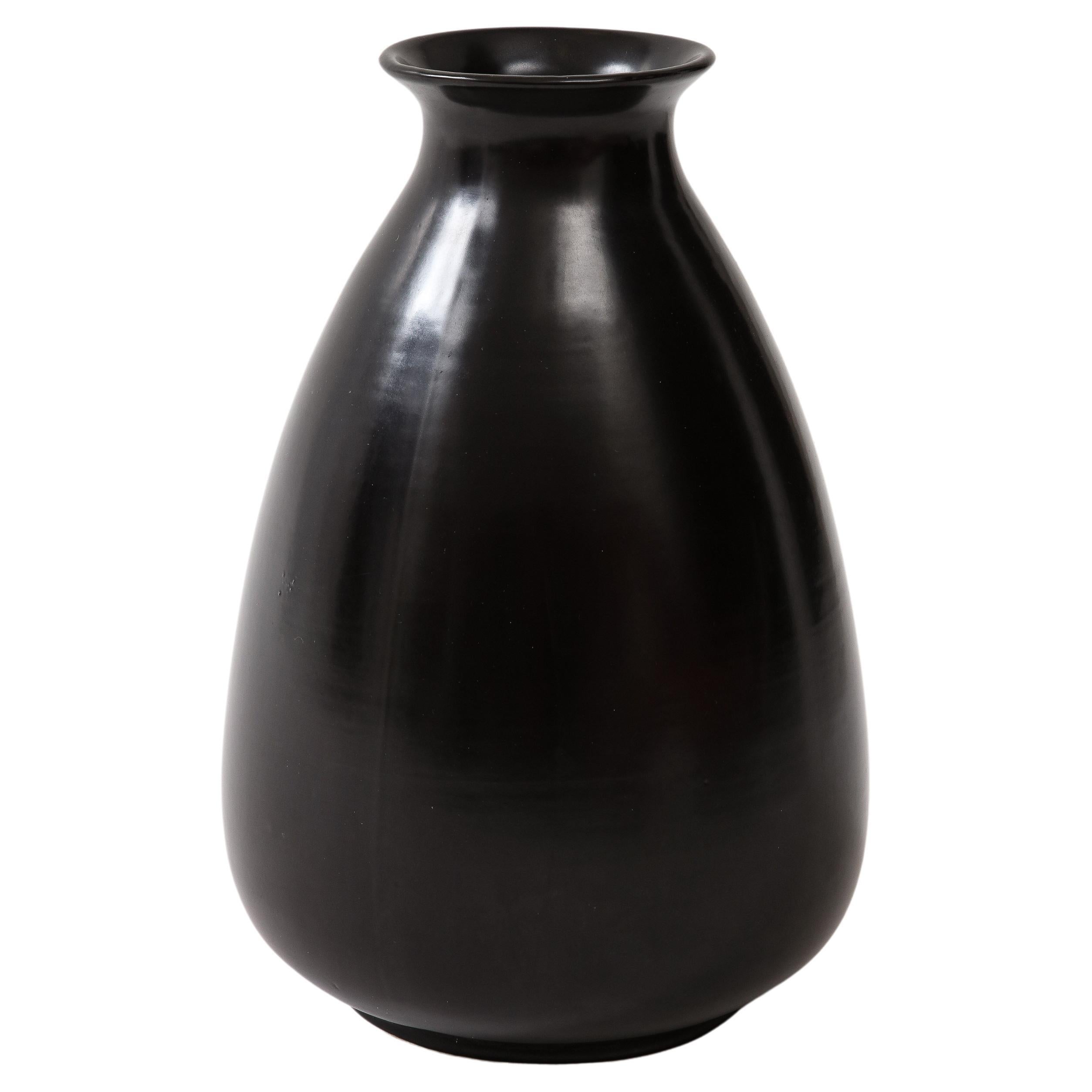 Black Glaze Ceramic Vase, Lipped High Neck, Squashed Tear Form, France, c 1960 For Sale