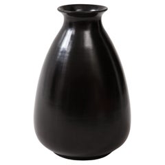 Black Glaze Ceramic Vase, Lipped High Neck, Squashed Tear Form, France, c 1960
