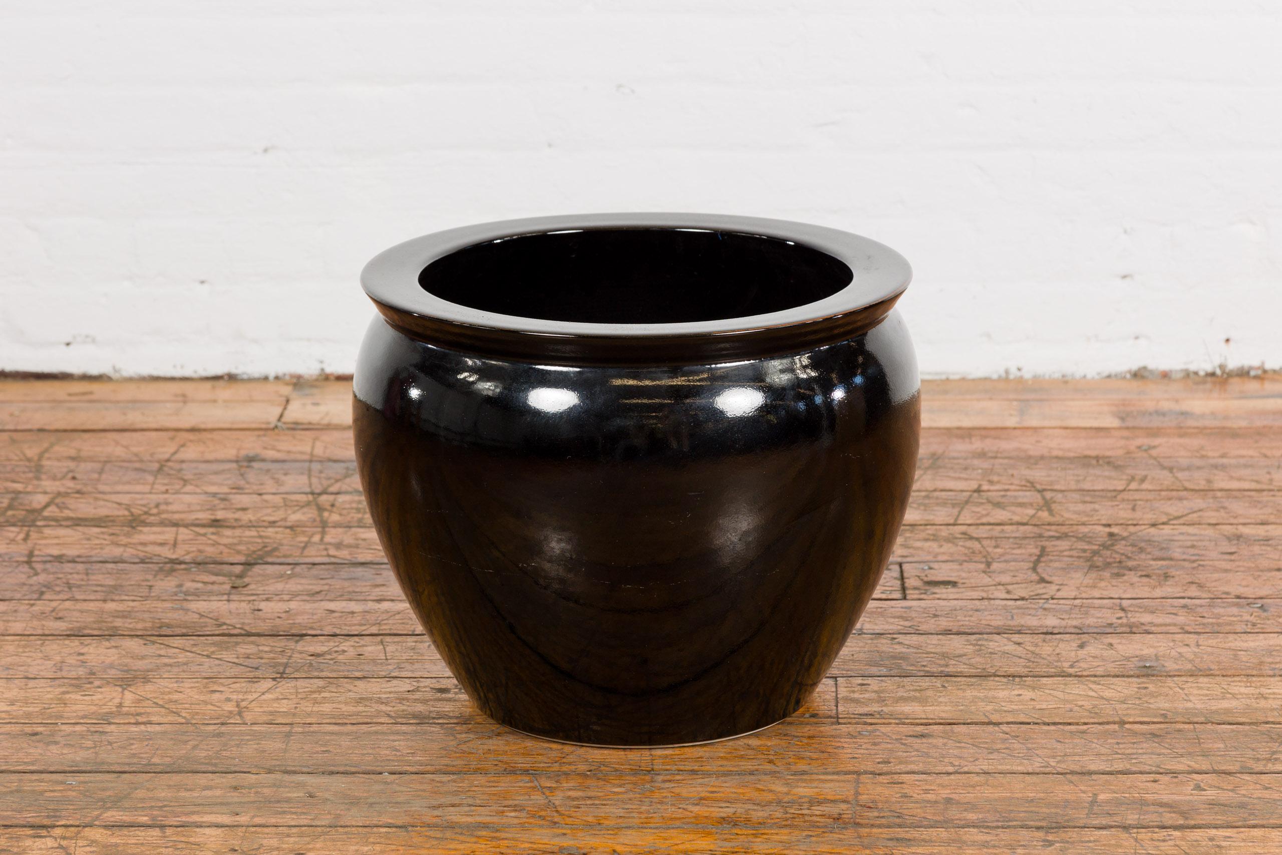 Black Glaze Circular Ceramic Planter with Tapering Lines, Vintage For Sale 4