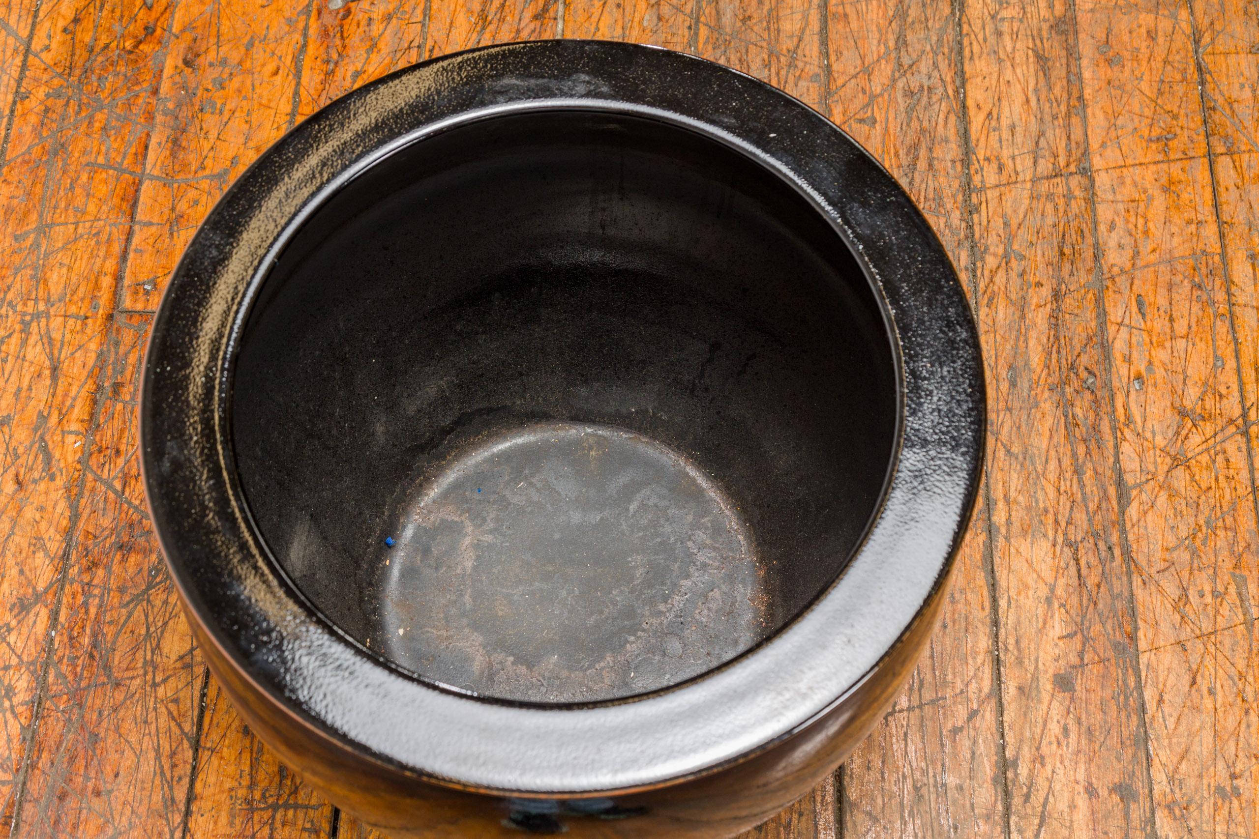 Rundes Pflanzgefäß aus Keramik mit schwarzer Glasur und sich verjüngenden Linien, Vintage im Angebot 5