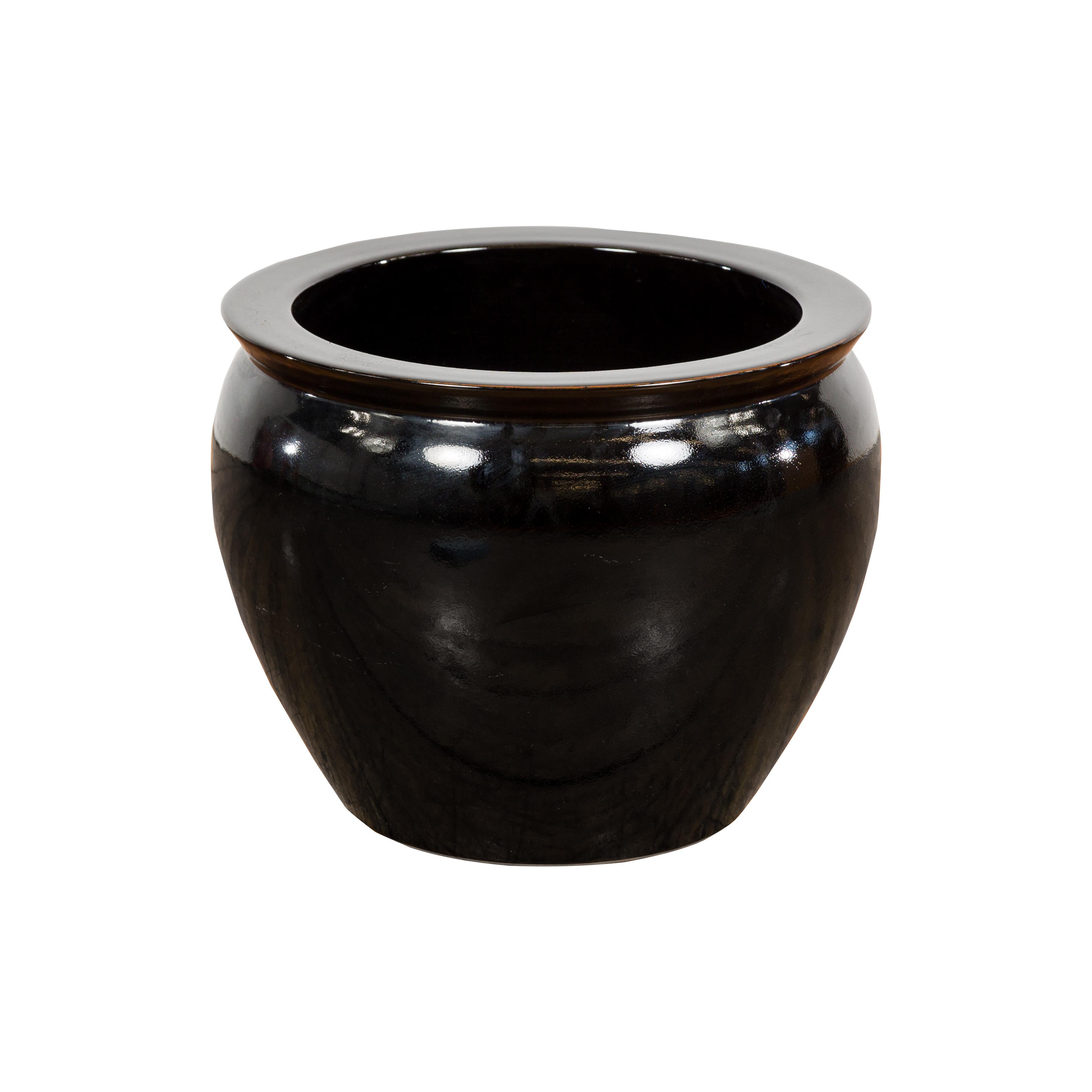 Rundes Pflanzgefäß aus Keramik mit schwarzer Glasur und sich verjüngenden Linien, Vintage im Angebot 7