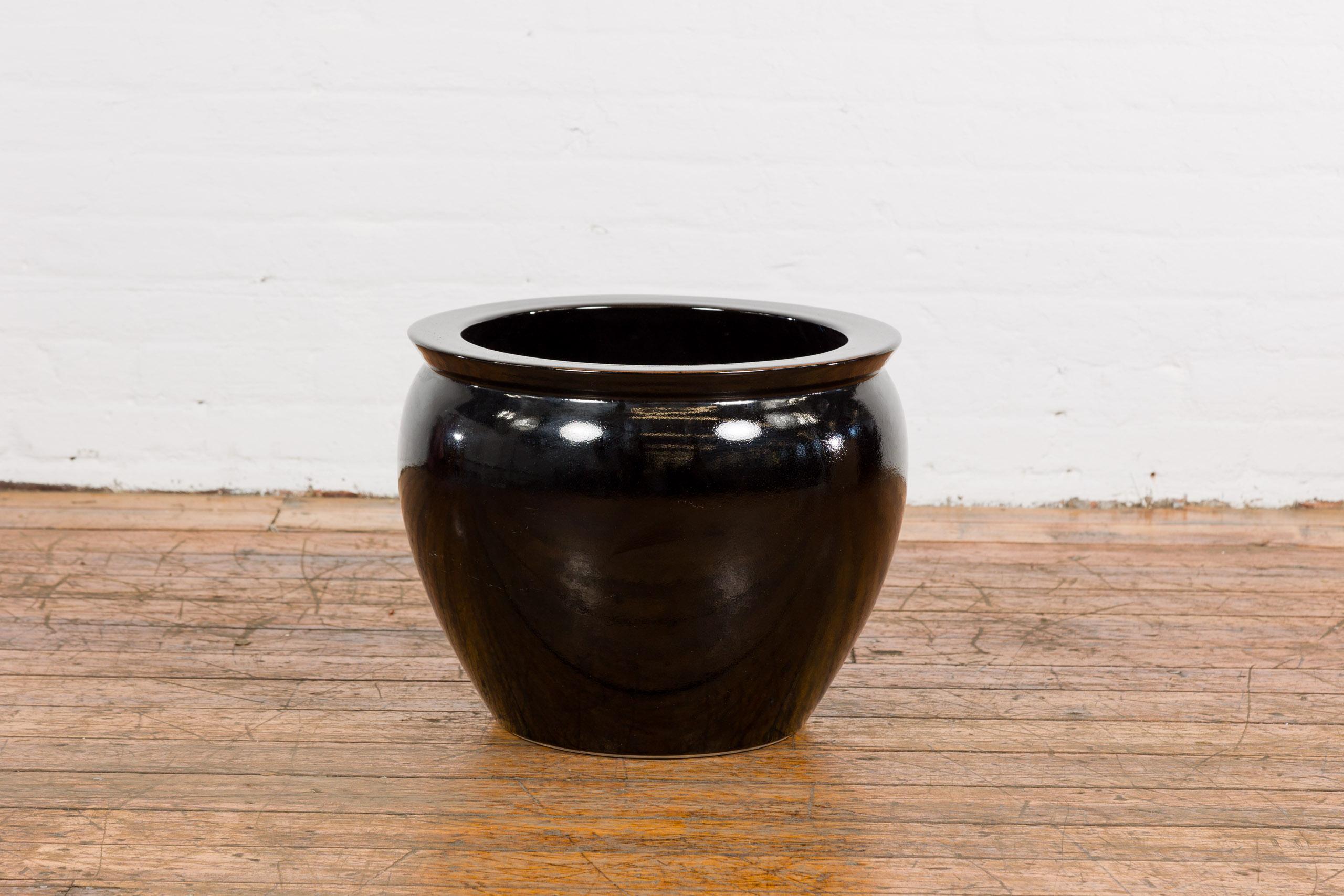 Chinese Black Glaze Circular Ceramic Planter with Tapering Lines, Vintage For Sale