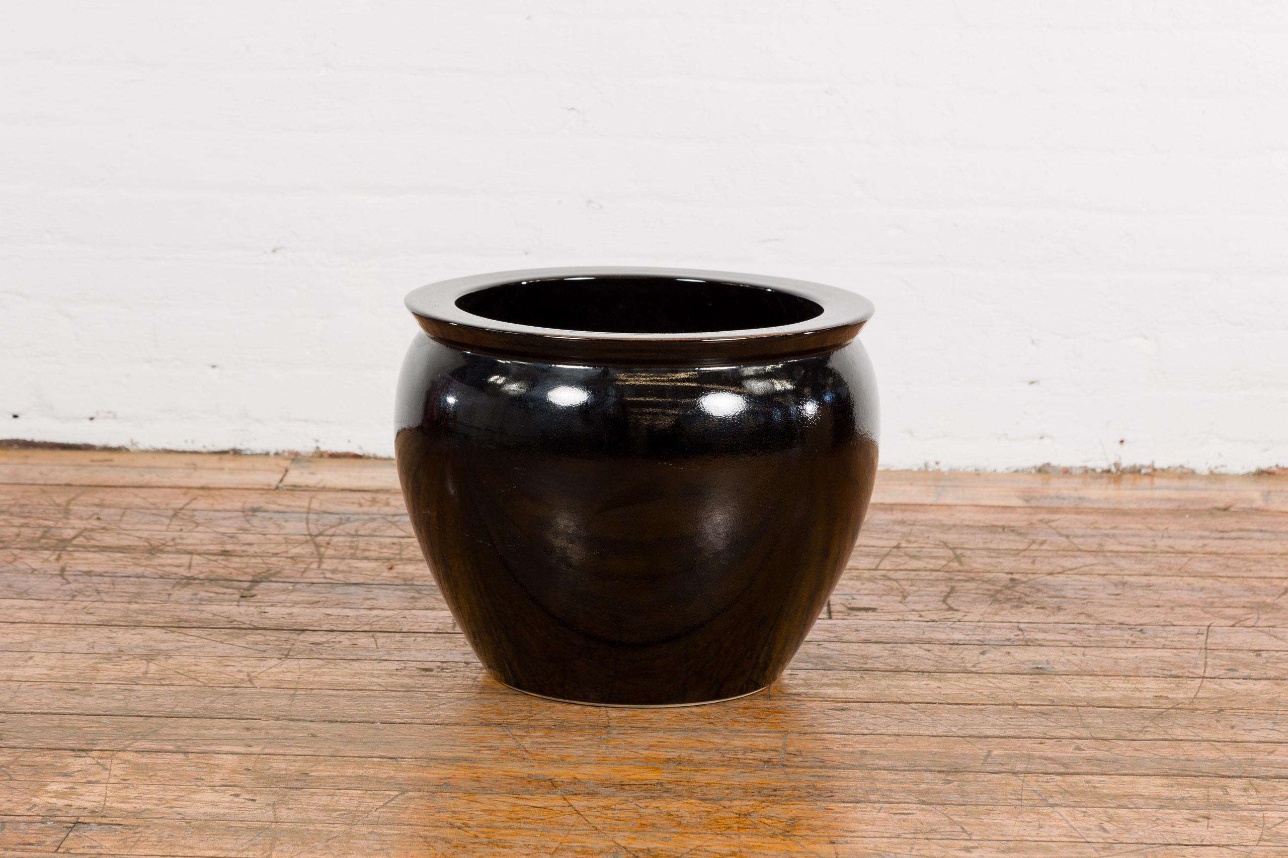Glazed Black Glaze Circular Ceramic Planter with Tapering Lines, Vintage For Sale