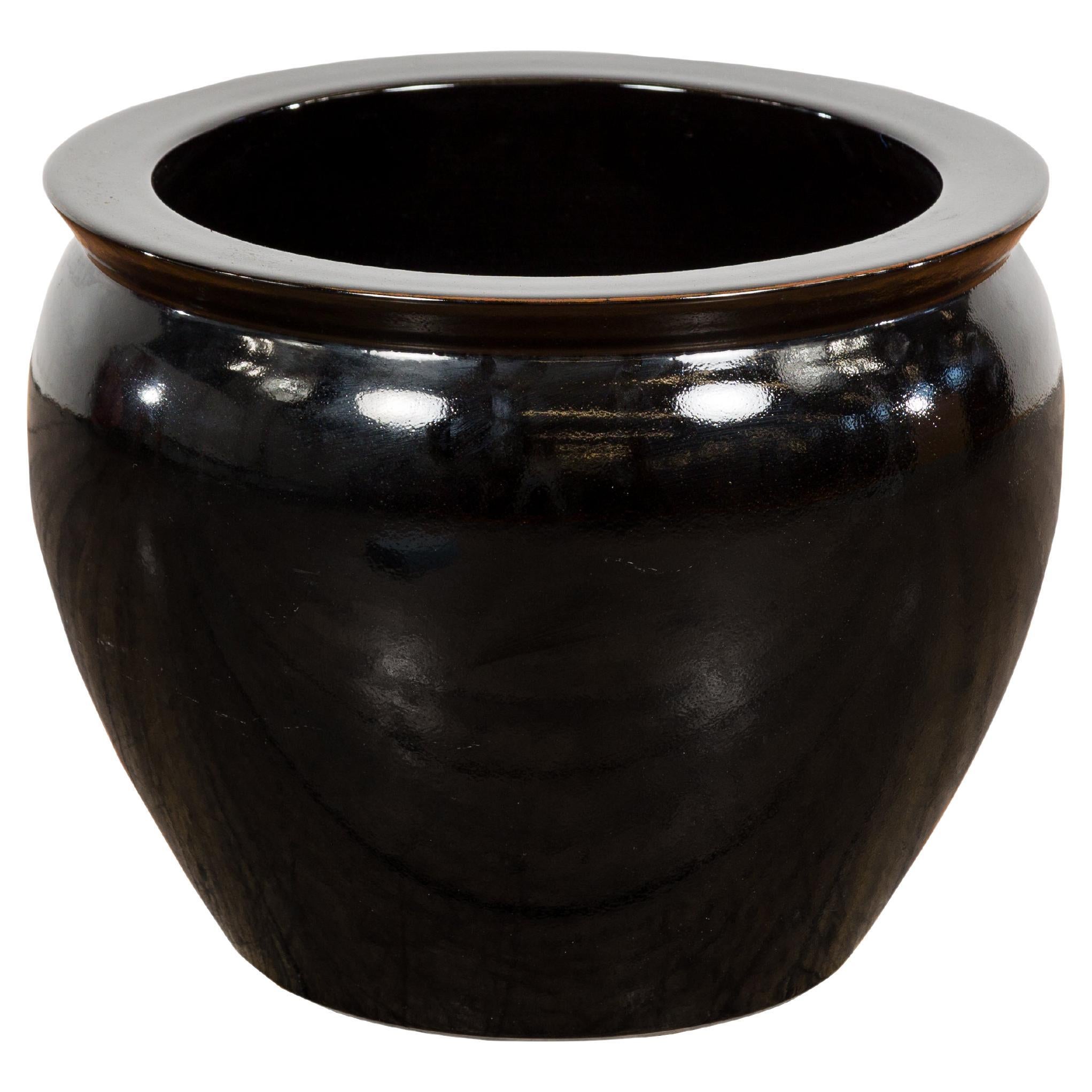 Rundes Pflanzgefäß aus Keramik mit schwarzer Glasur und sich verjüngenden Linien, Vintage