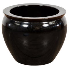 Black Glaze Circular Ceramic Planter with Tapering Lines, Vintage