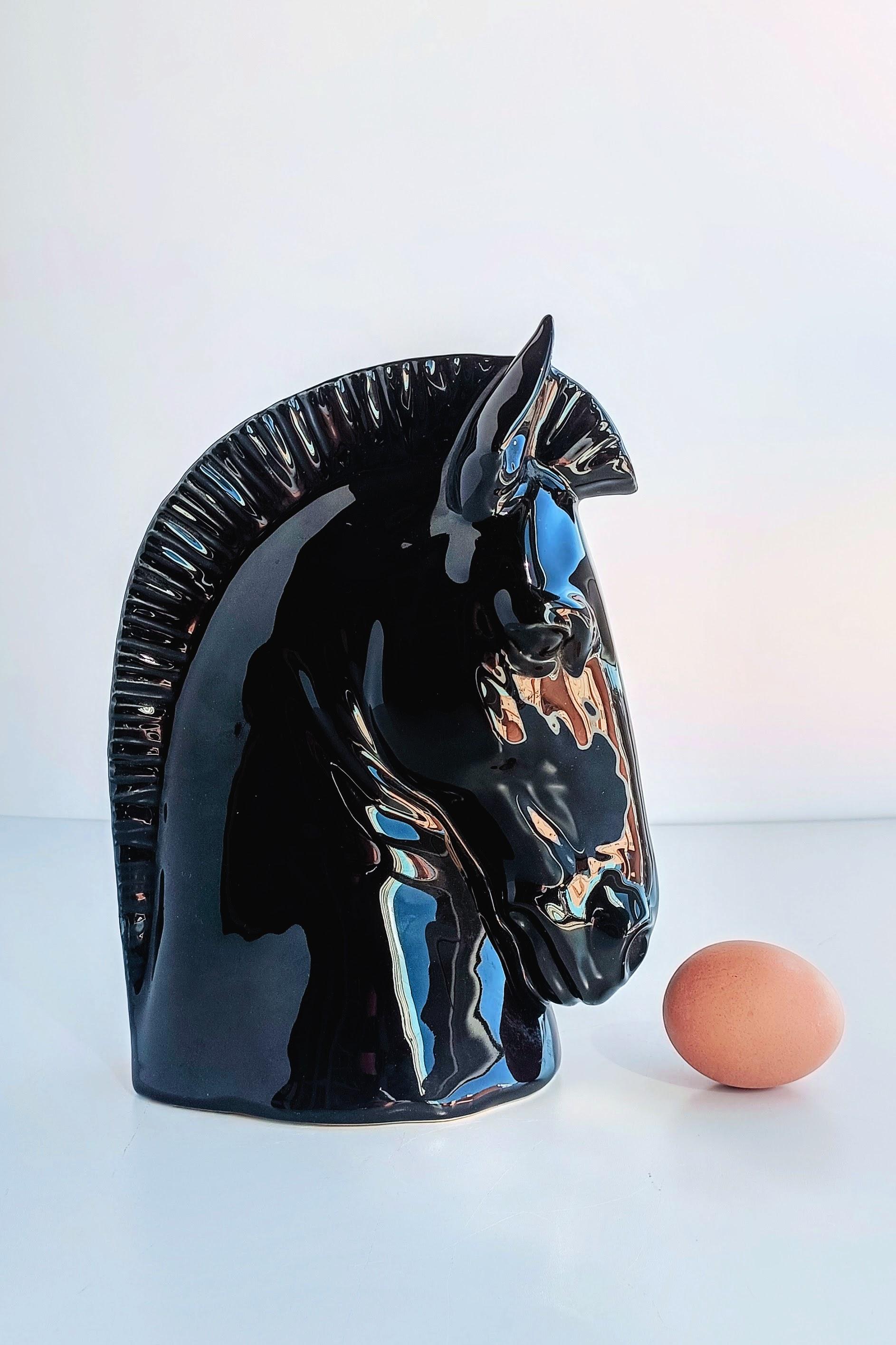 Black Glaze Spanish Manises Ceramic Horse Head 1980s In Excellent Condition For Sale In VALENCIA, ES