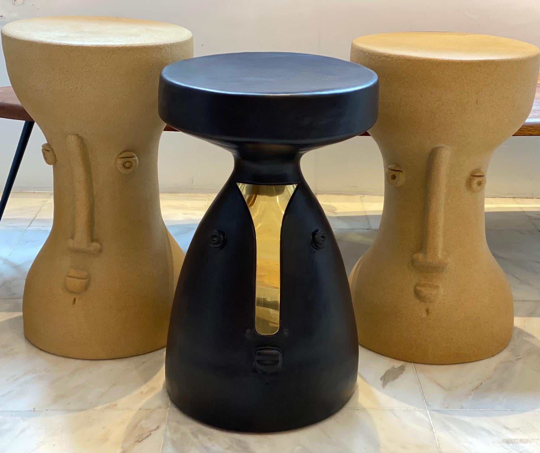 French Black Glazed Ceramic and Brass Stool or Side Table, Unique Pieces by DALO