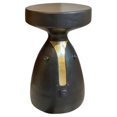 Black Glazed Ceramic and Brass Stool or Side Table, Unique Pieces by DALO