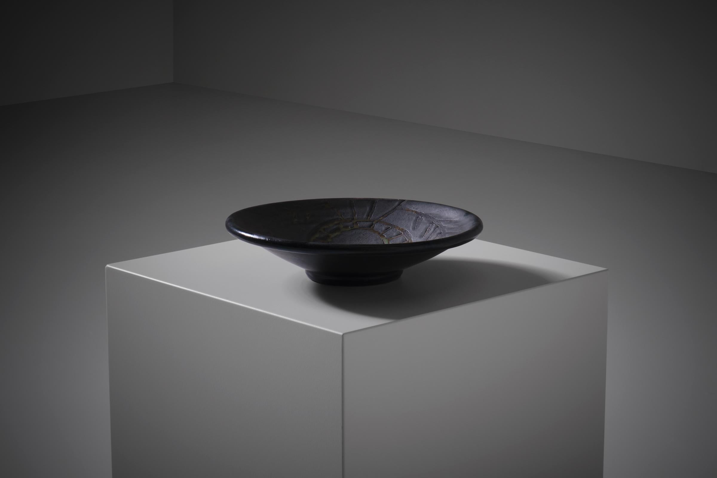 Mid-20th Century Black Glazed Ceramic Bowl by Roger Capron, France, 1950s For Sale