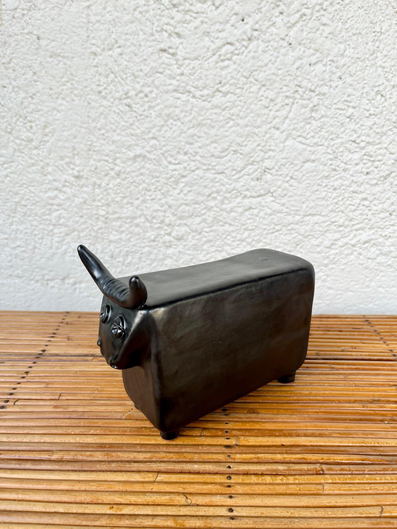 Mid-Century Modern black glazed ceramic bull by Cloutier 1960's