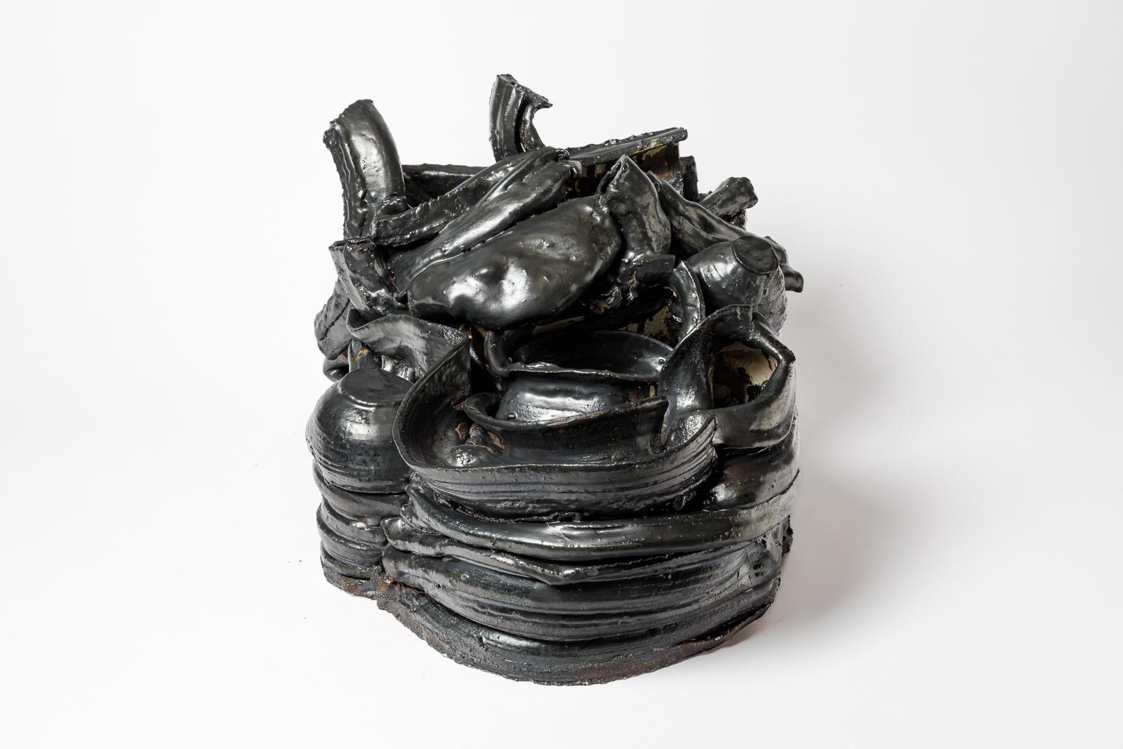 Black glazed ceramic mural sculpture by Patrick Crulis, 2024 In New Condition For Sale In Saint-Ouen, FR