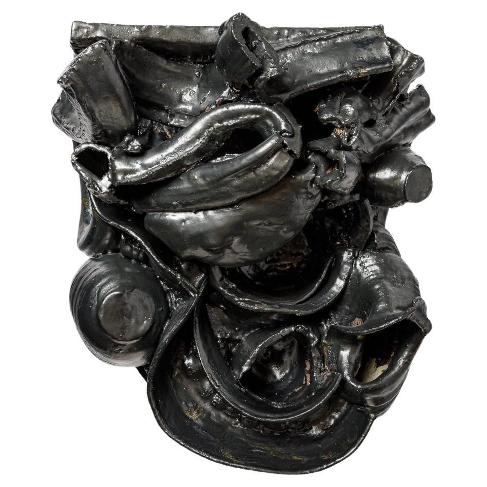 Black glazed ceramic mural sculpture by Patrick Crulis, 2024 For Sale